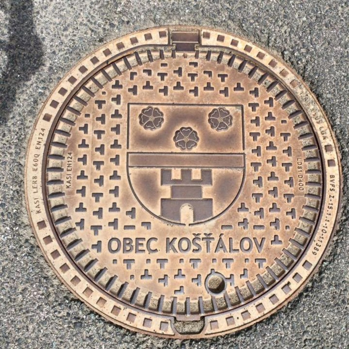 Uprostřed tohoto exempláře se nachází erb s třemi stylizovanými květy v horní části a hradem ve spodní, obklopený opakuj in Košťálov, Liberecký kraj, Czechia — CoverSpot