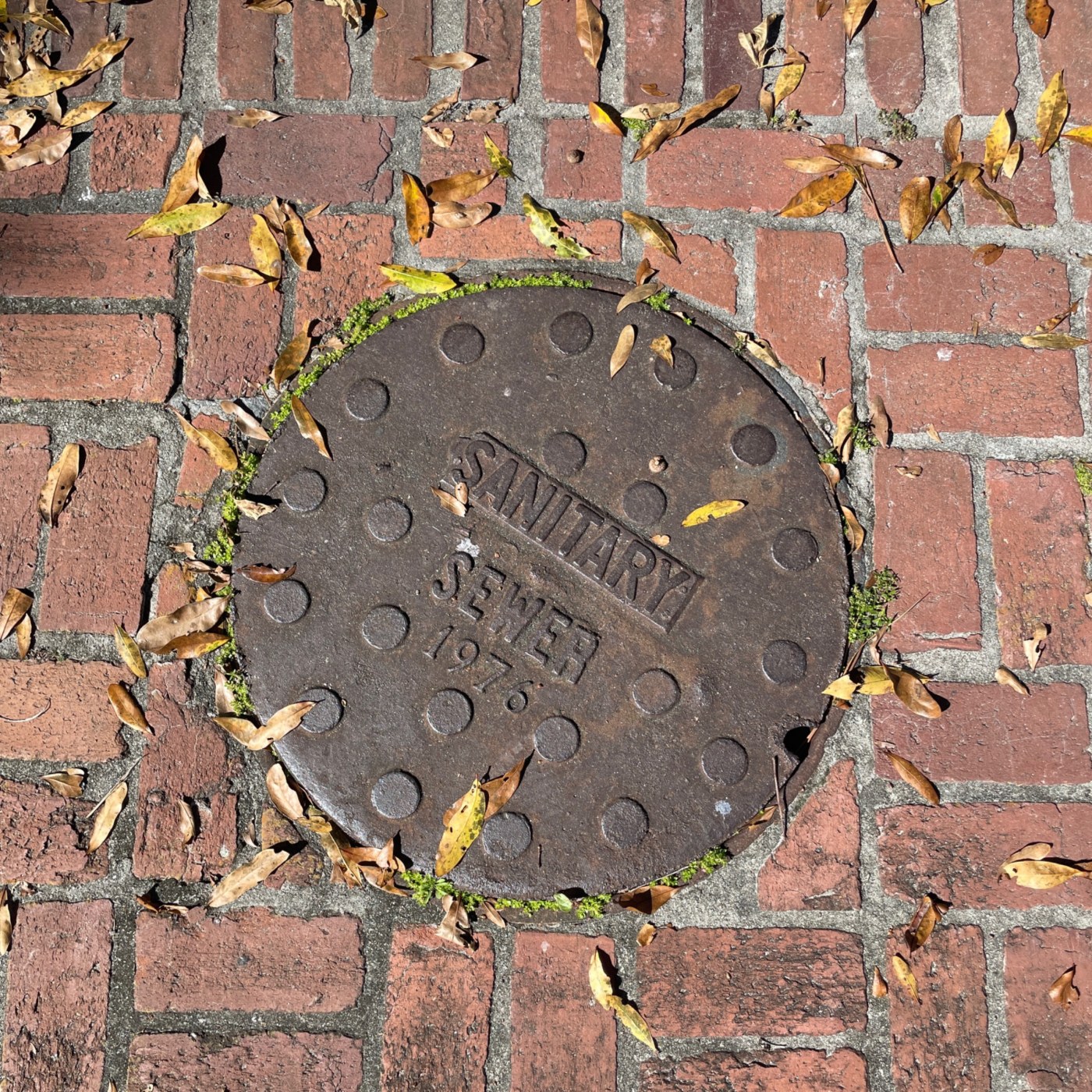 Na povrchu tohoto exempláře se zřetelně rýsuje nápis "SANITARY SEWER" a letopočet 1976, což naznačuje jeho primární funk in Antwerpen, Flanders, Belgium — CoverSpot