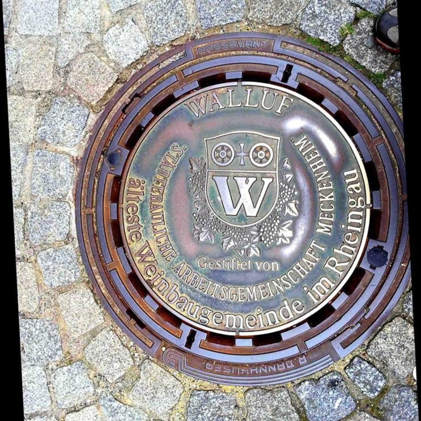 Centrální medailon tohoto exempláře odhaluje erb s písmenem 'W' obklopený vinnou révou, což naznačuje hluboké spojení s  in Walluf, Germany — CoverSpot