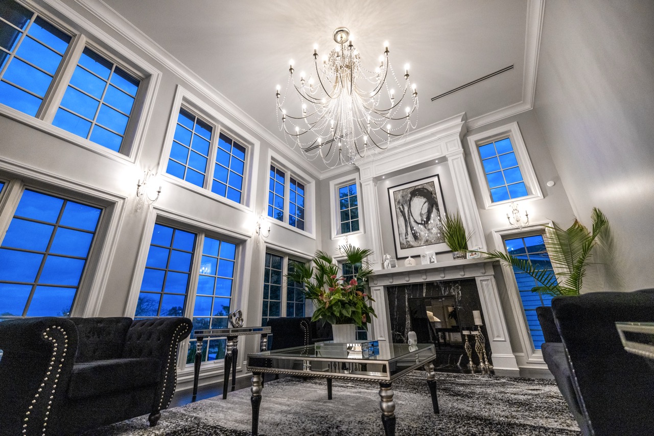 Grand living room with chandelier