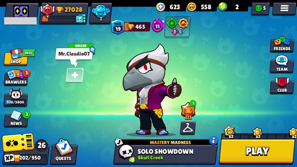 Brawl Stars Account – 72 Brawlers, 27028 Trophies, 64 Skins, 6 Legends, 22 Mythics, 25 Epics, 558 Gold, 2 Gems, 623 Blings