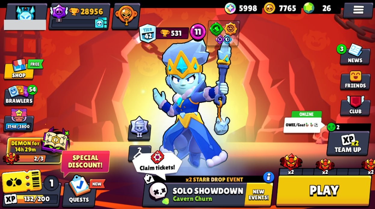 Brawl Stars Account – 68 Brawlers, 28956 Trophies, 55 Skins, 8 Legends, 17 Mythics, 24 Epics, 7765 Gold, 26 Gems, 5998 Blings