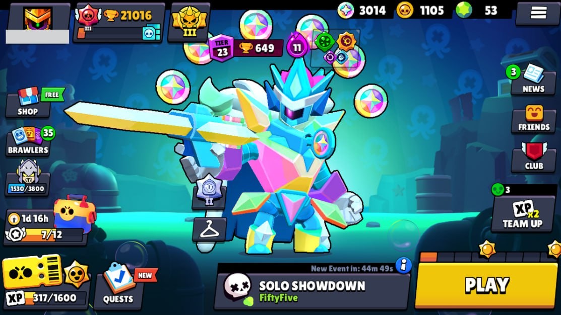 Brawl Stars Account – 68 Brawlers, 21016 Trophies, 73 Skins, 4 Legends, 19 Mythics, 26 Epics, 1105 Gold, 53 Gems, 3014 Blings