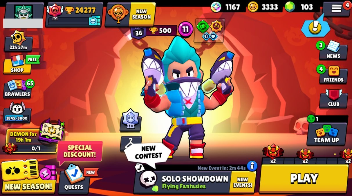 Brawl Stars Account – 66 Brawlers, 24277 Trophies, 43 Skins, 5 Legends, 19 Mythics, 23 Epics, 3333 Gold, 103 Gems, 1167 Blings