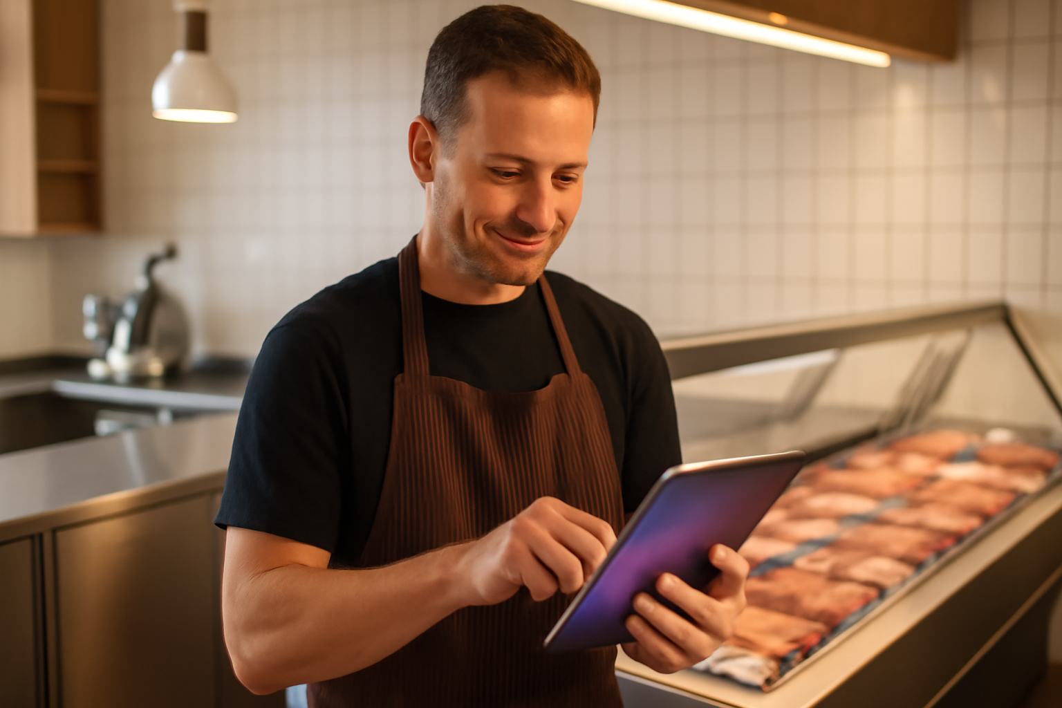Glad slagter i Esbjerg sparer tid på sociale medier med effektiv markedsføring.