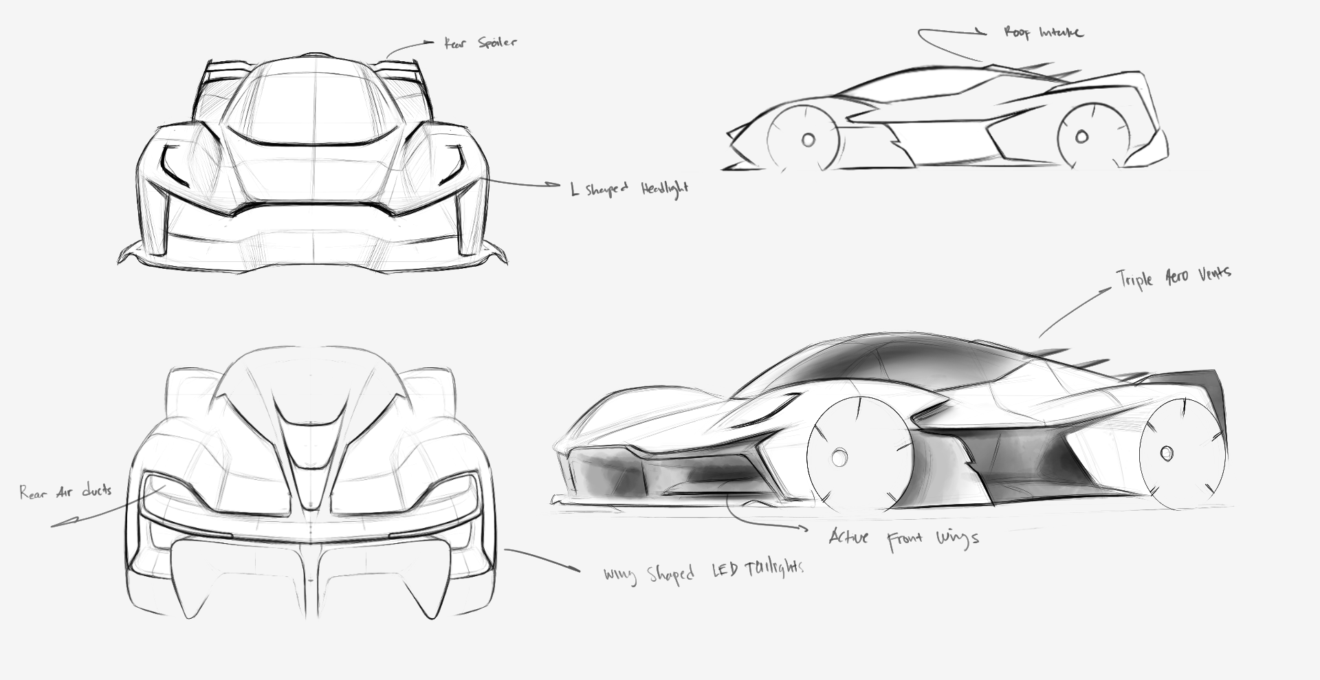 The design exploration focused on establishing Lyra’s distinctive hypercar identity through a combination of low proportions, sharp aerodynamic surfaces, and flowing body lines.