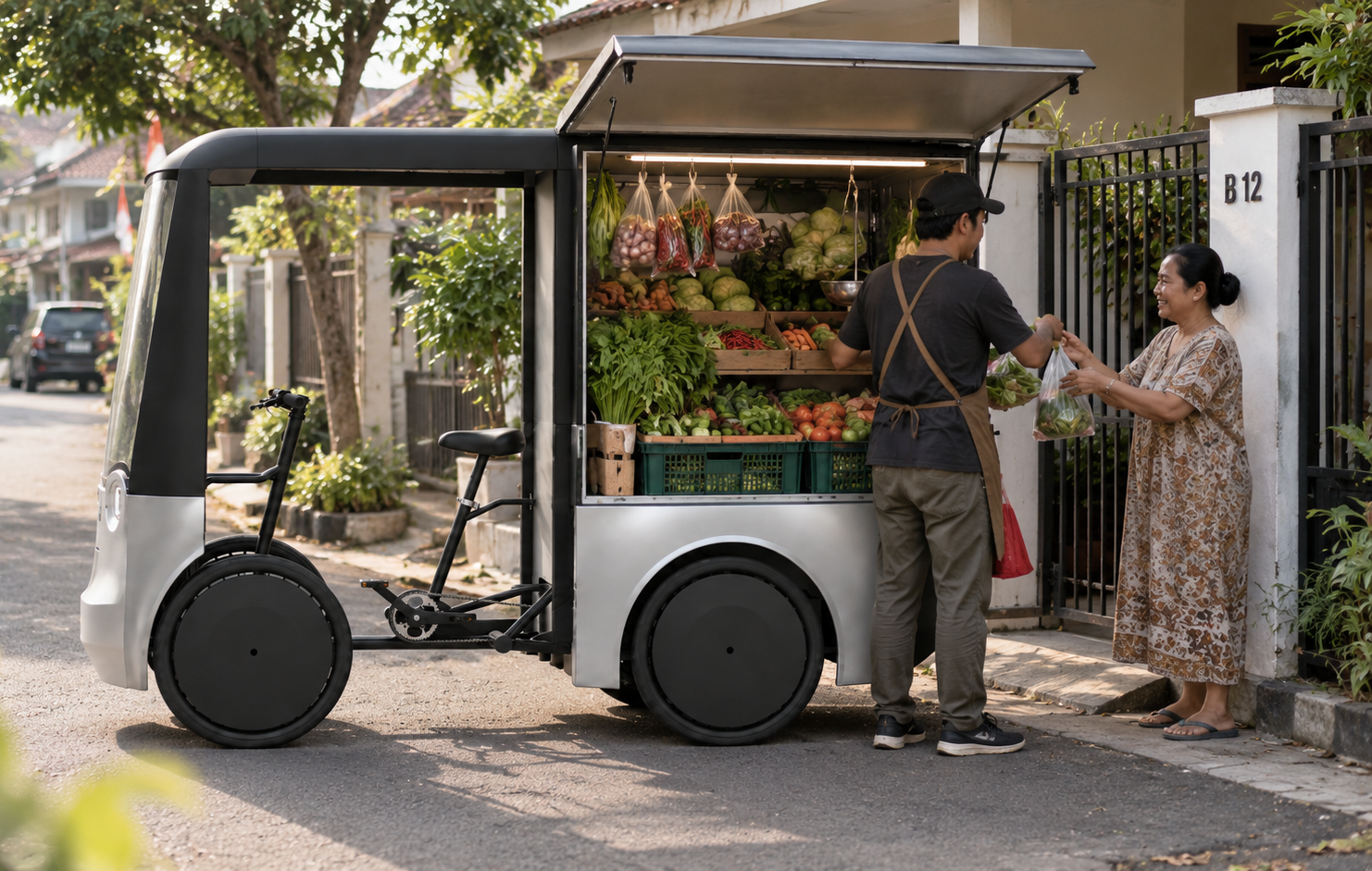 Velomobile extends the role of a mobility vehicle beyond transportation by integrating the functions of cargo storage, product display, and direct customer interaction. Its modular rear compartment allows the vehicle to adapt to different types of mobile commerce, creating a practical platform for bringing goods directly into residential and urban communities.