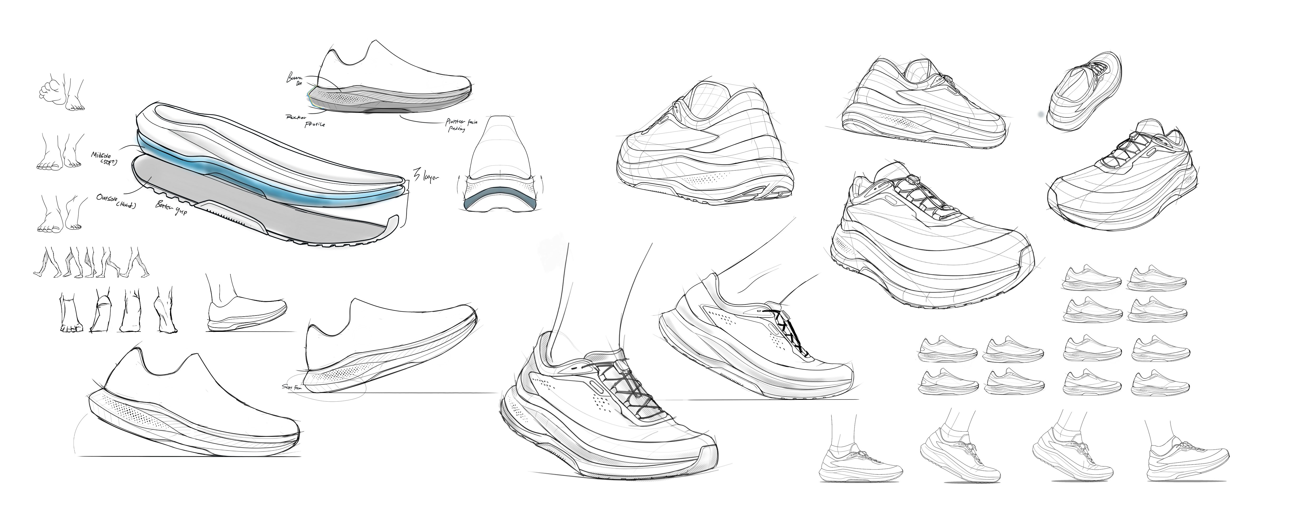 The design direction began by exploring the gait cycle and how the foot moves through each stage of walking. This study became a foundation for understanding how the sole geometry could support a more natural and efficient transition from heel strike to toe-off during everyday urban movement.
