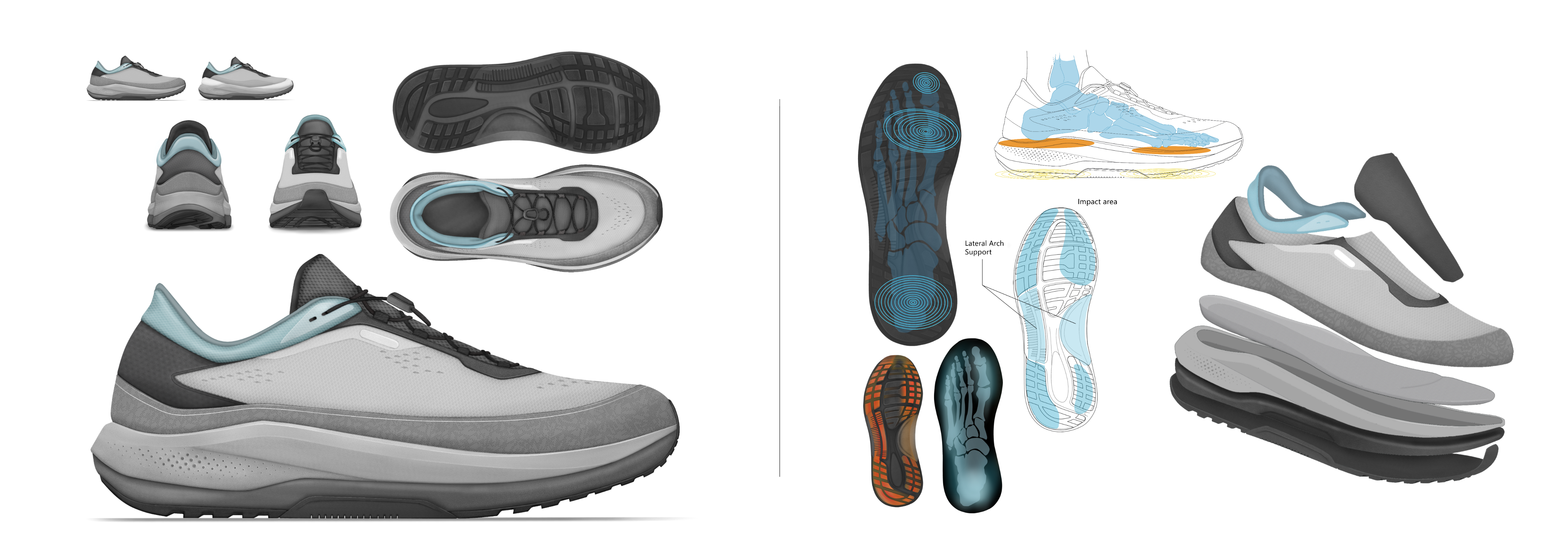 The final COMU design translates the earlier exploration into a cohesive commuter sneaker, balancing ergonomic performance with a refined urban aesthetic. The streamlined silhouette, layered sole structure, and dynamic geometry create a form that feels both functional and contemporary.