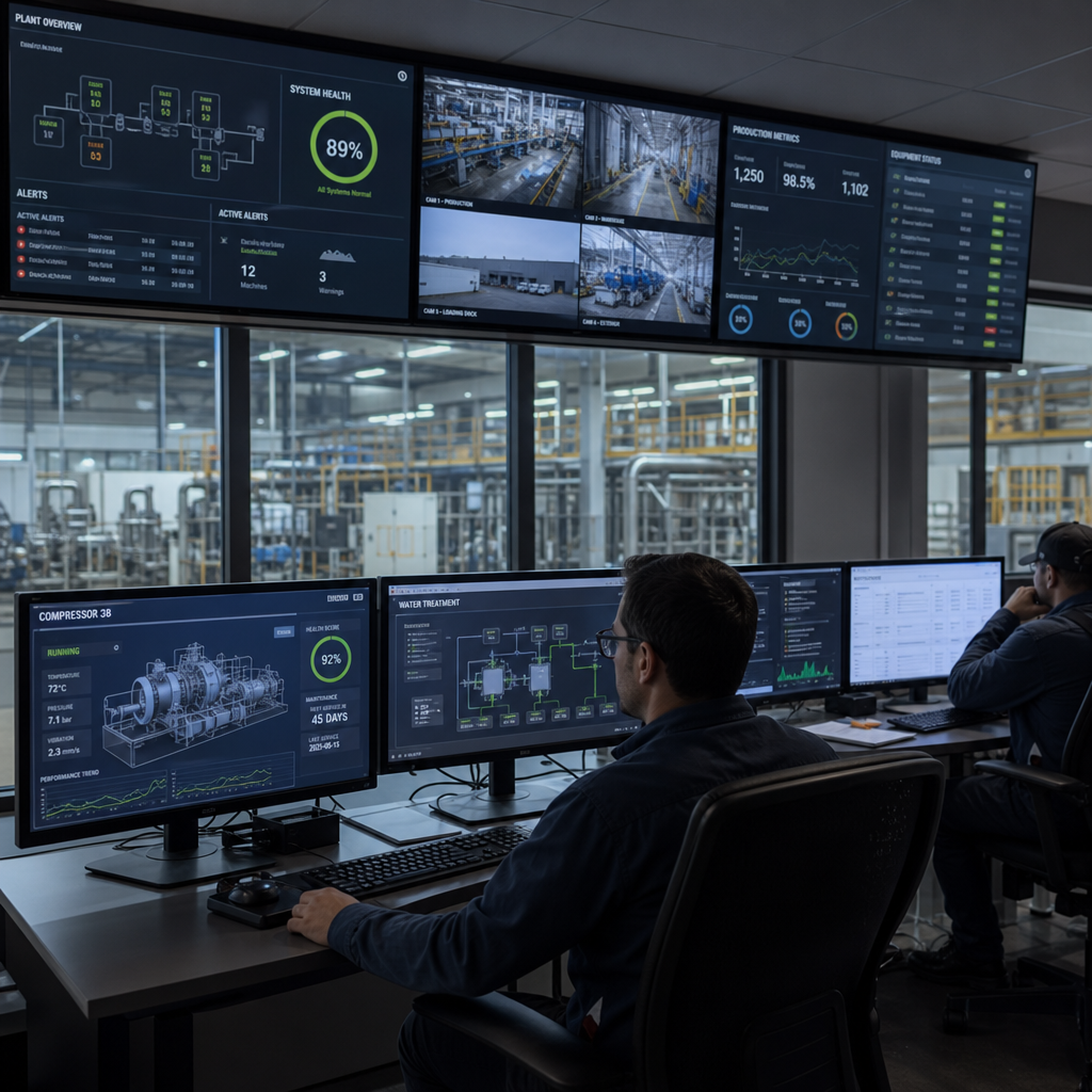 A control room with multiple monitors displaying video analytics dashboards and equipment status data, illustrating AI-enabled AV integration in an industrial setting.