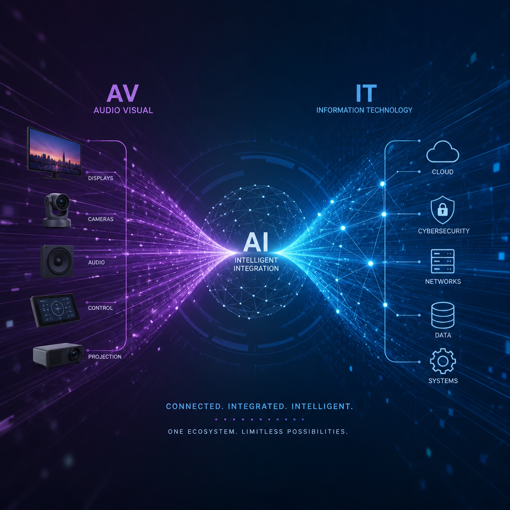 Abstract digital illustration showing interconnected lines and nodes, symbolizing the integration of audio-visual and information technology systems, with subtle glowing elements suggesting AI.