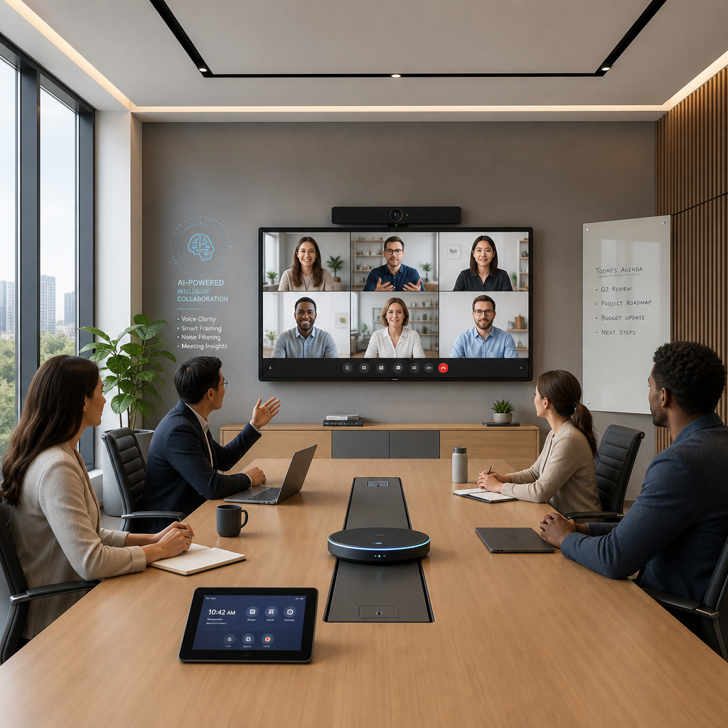 A contemporary meeting room equipped with advanced video conferencing technology, including a large screen displaying remote participants and a sleek microphone array on the table, symbolizing AI-enhanced hybrid collaboration.