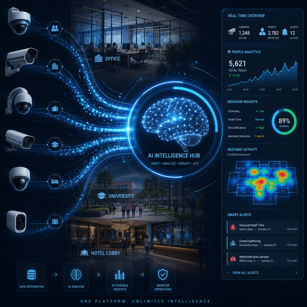 Abstract graphic showing data streams from security cameras converging into an artificial intelligence brain, with icons representing corporate, education, and hospitality environments, symbolizing AI-powered video analytics for enterprise operational intelligence.
