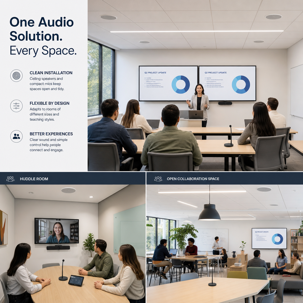 A modern meeting room with discreetly installed ceiling audio equipment, illustrating flexible AV integration across enterprise spaces.