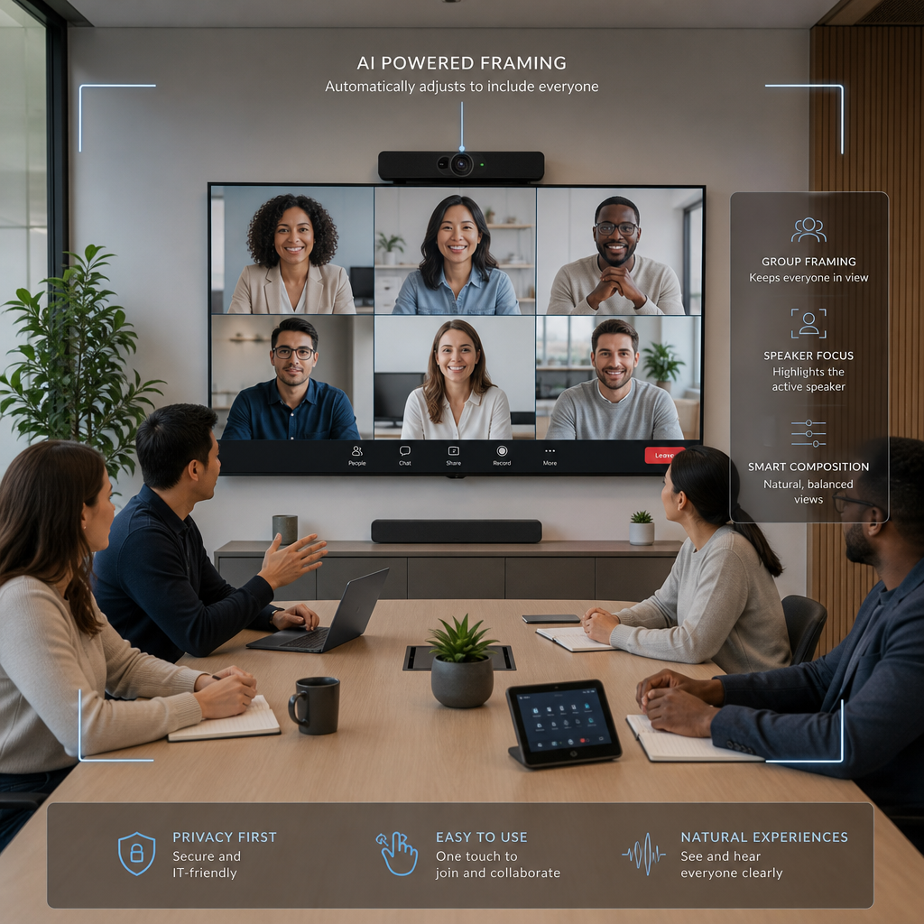 A modern conference room setup with a large screen displaying multiple remote participants in a grid view. Several in-room attendees are seated around a table, actively engaged in discussion, with an intelligent camera system subtly positioned to capture the scene. The image conveys a sense of seamless hybrid collaboration.