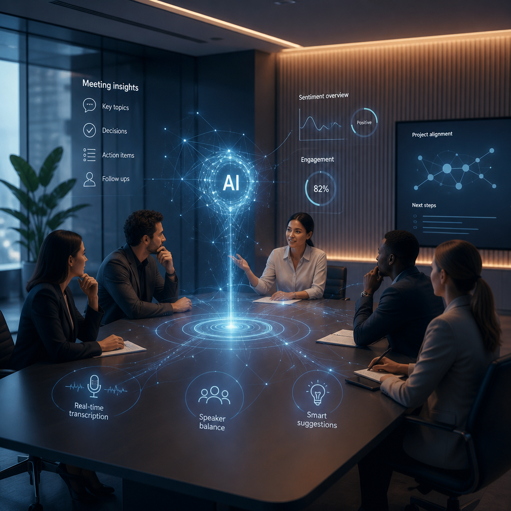 Abstract digital illustration of a modern conference room with subtle glowing lines and data visualizations, symbolizing AI actively assisting and enhancing hybrid collaboration.