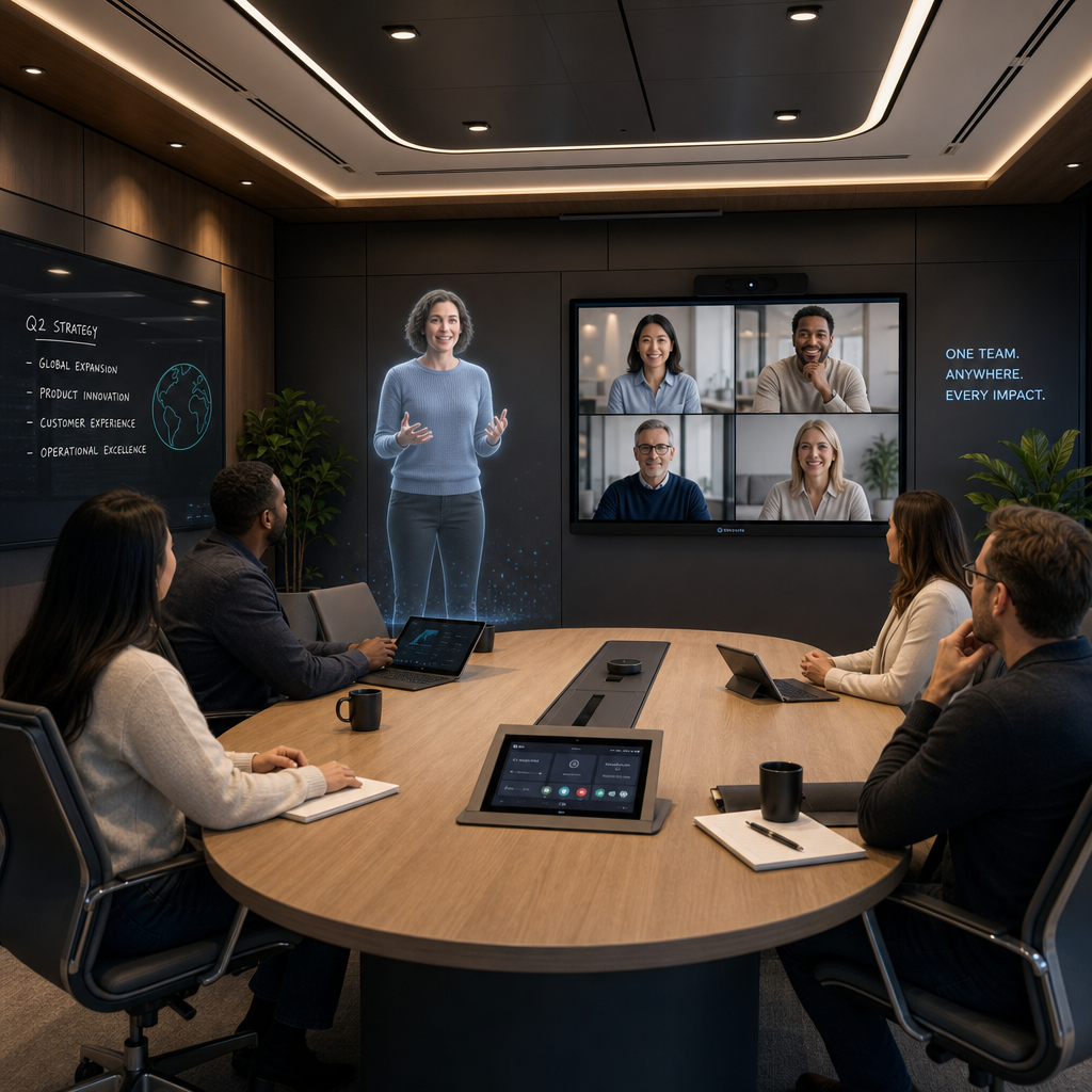 A contemporary meeting room with a large, high-definition display showing life-size virtual participants, demonstrating advanced 3D telepresence and spatial audio technology for hybrid collaboration.