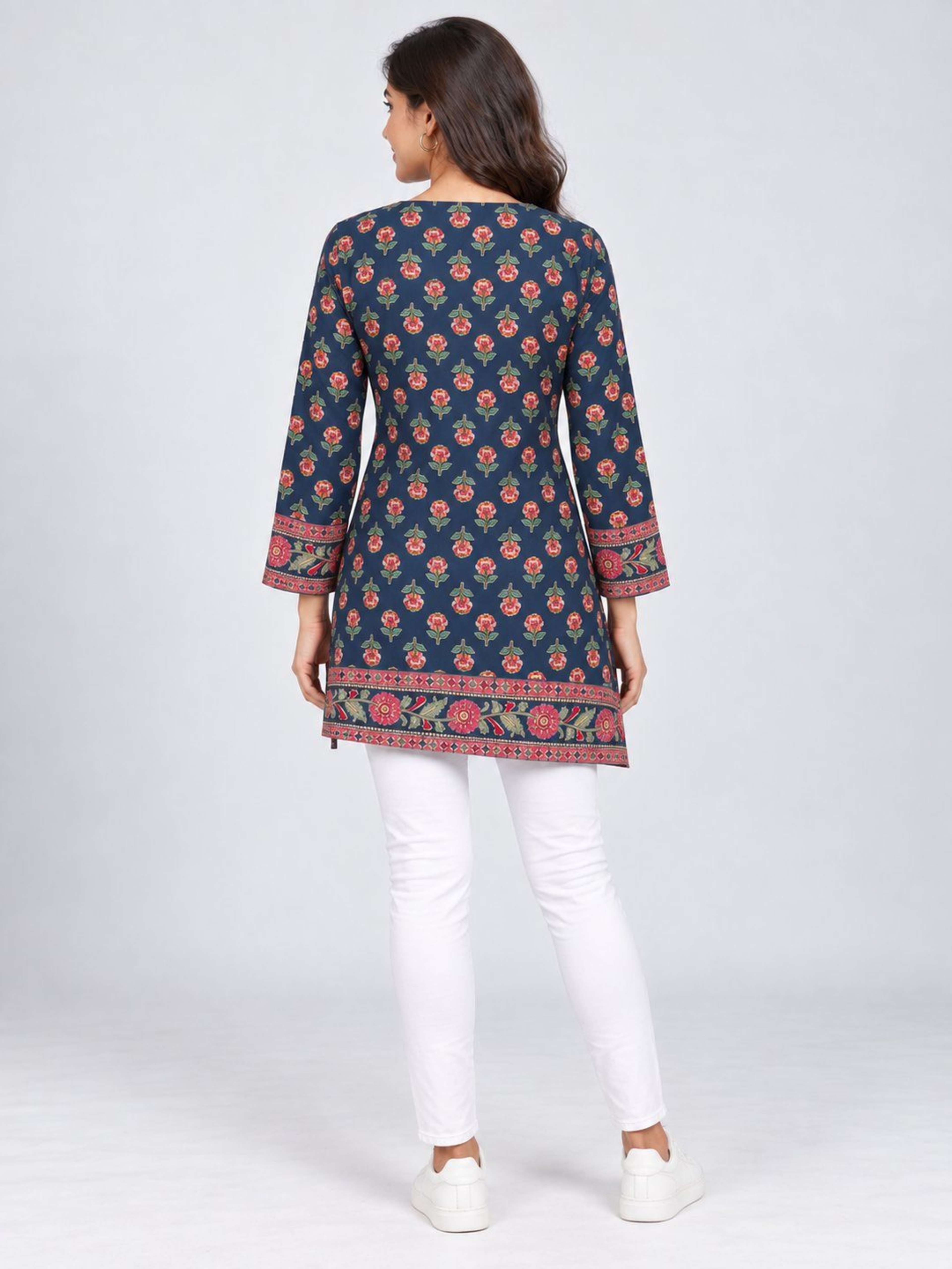 Navy Blue Printed Kurti | Straight Fit Kurti with Square Neck & Tie-Up Sleeves 3