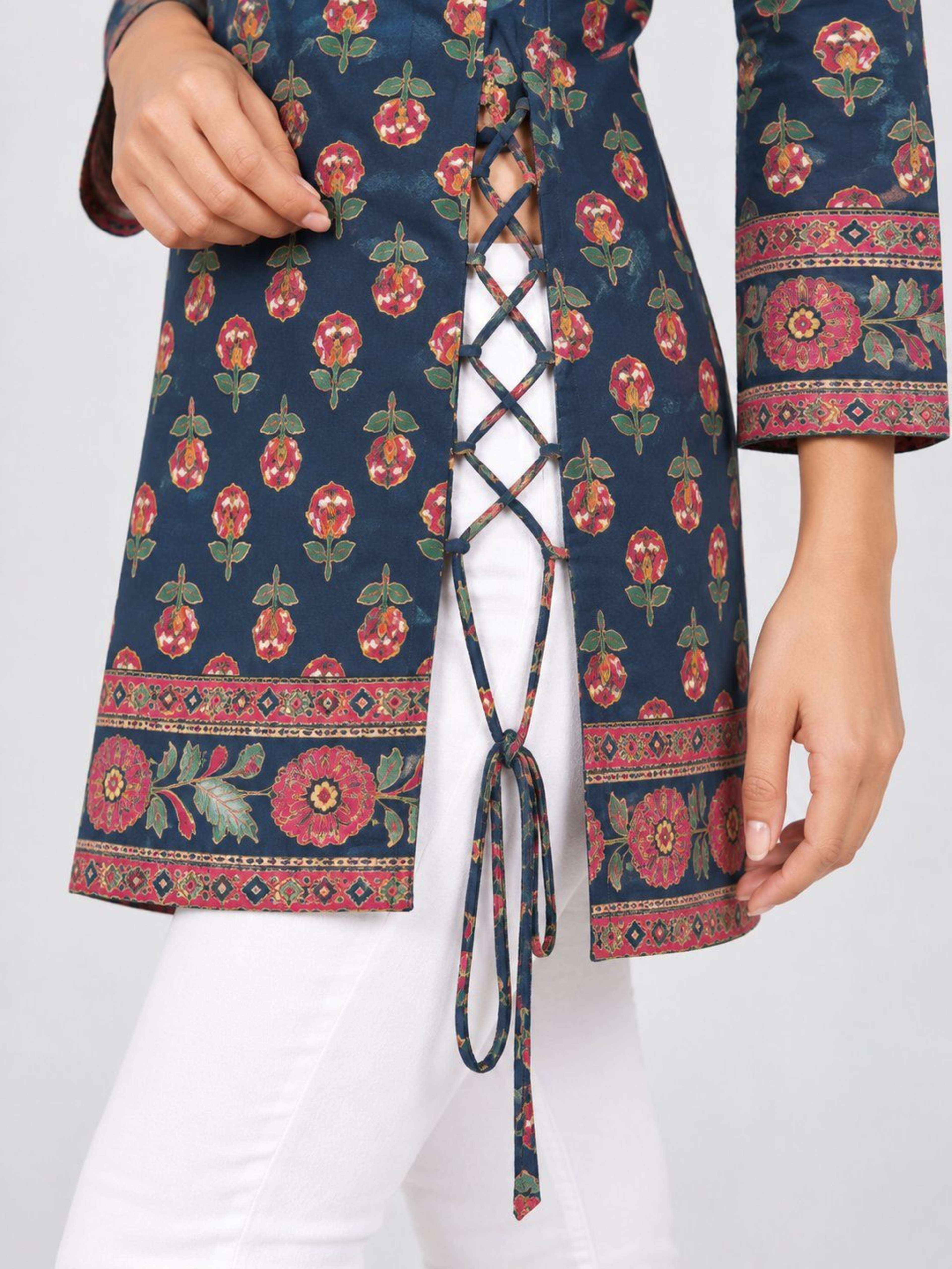 Navy Blue Printed Kurti | Straight Fit Kurti with Square Neck & Tie-Up Sleeves 4