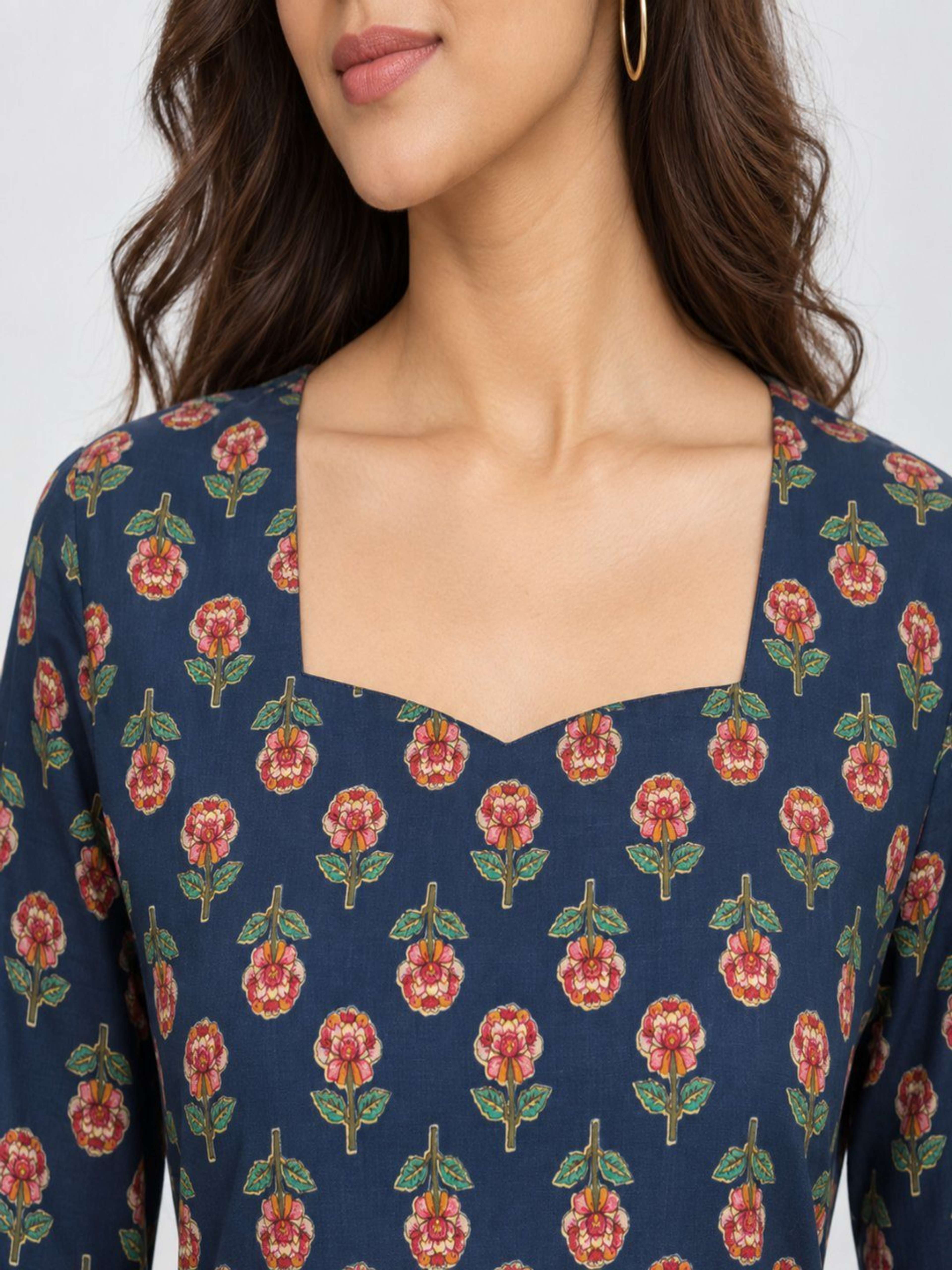 Navy Blue Printed Kurti | Straight Fit Kurti with Square Neck & Tie-Up Sleeves 5