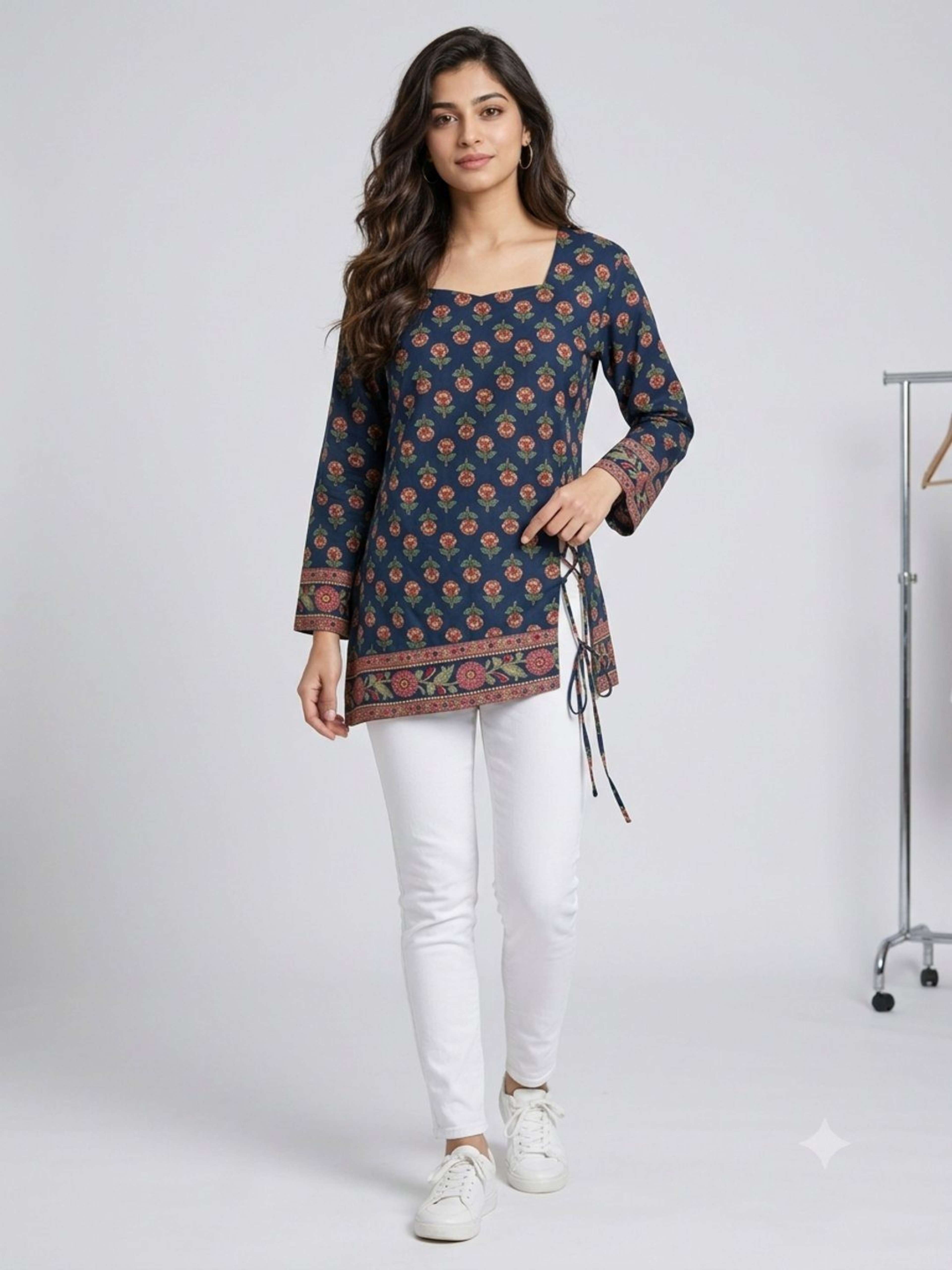 Navy Blue Printed Kurti | Straight Fit Kurti with Square Neck & Tie-Up Sleeves 1