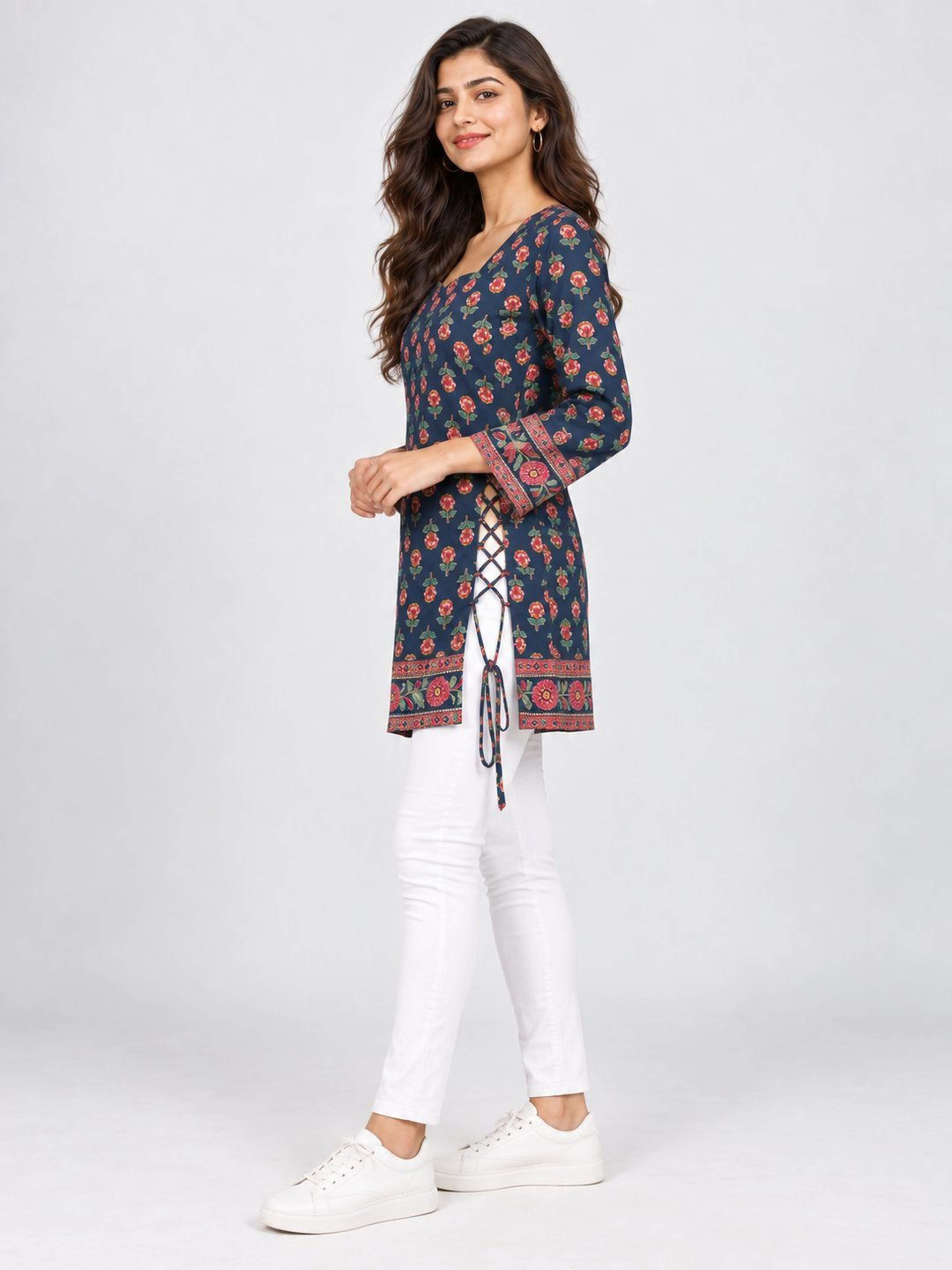 Navy Blue Printed Kurti | Straight Fit Kurti with Square Neck & Tie-Up Sleeves 7