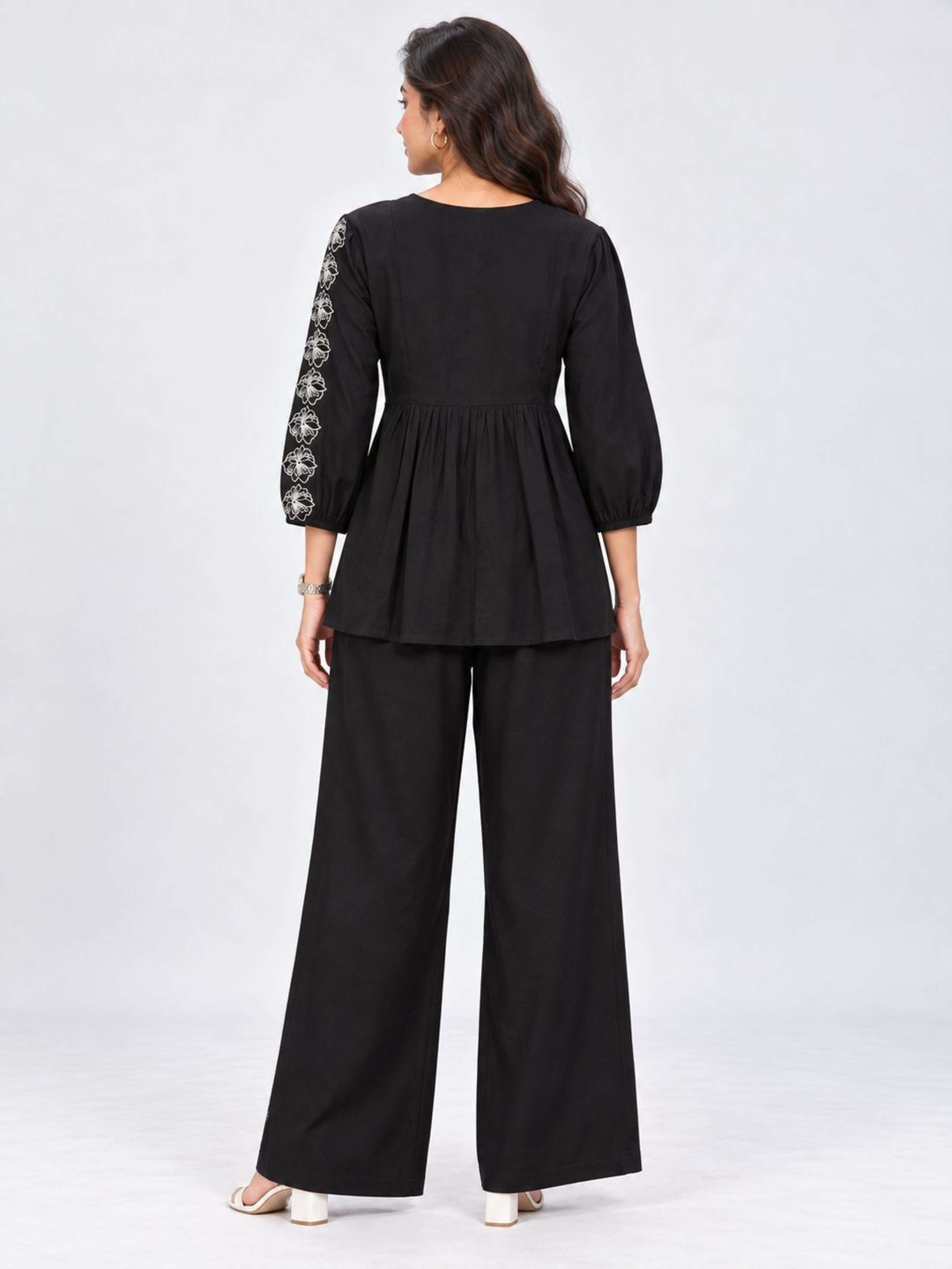 Black Embrodireed Co-ord Set | Co-ord with Round Neck With Tie Up & Tie-Up Sleeves 2