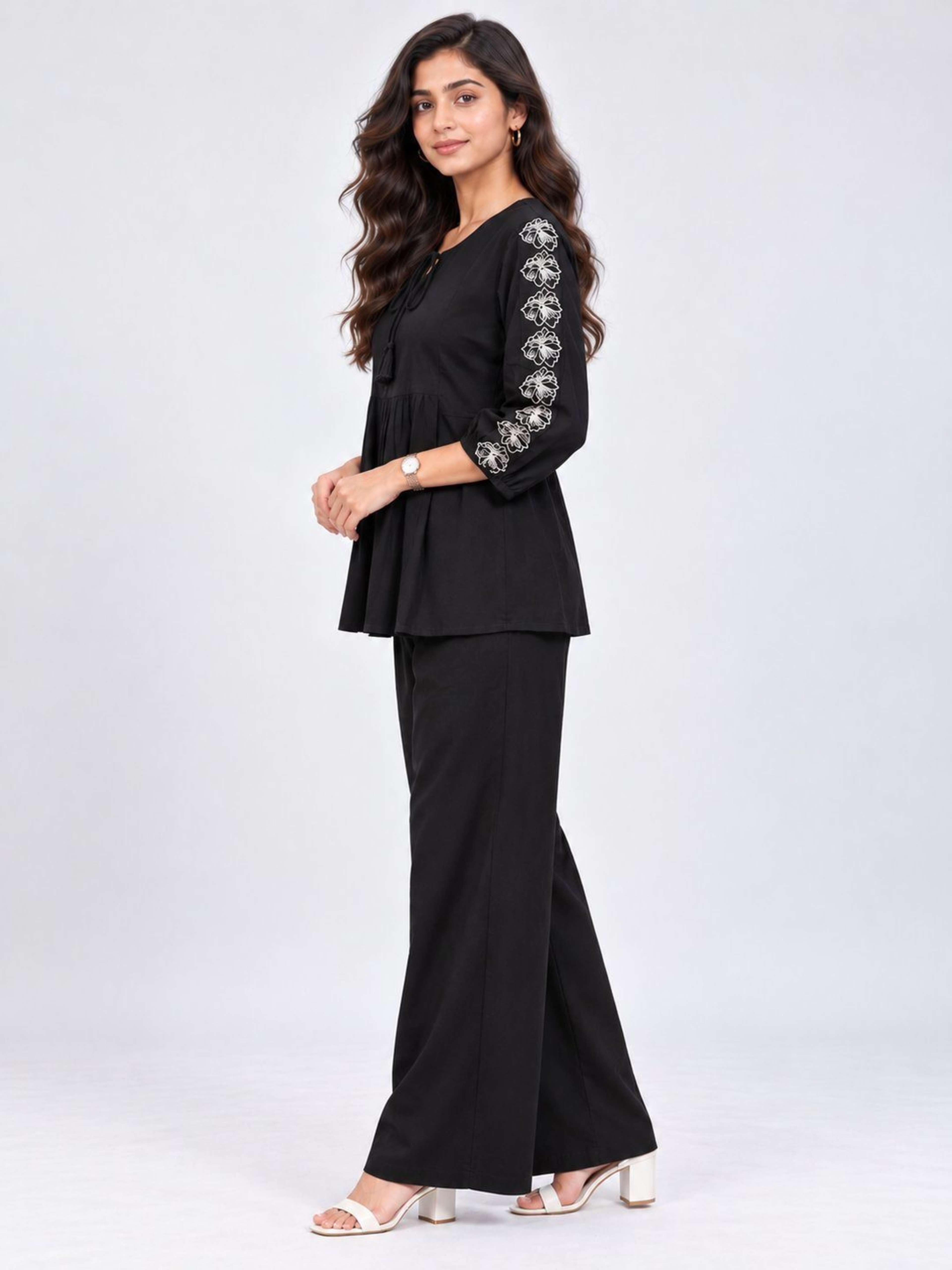 Black Embrodireed Co-ord Set | Co-ord with Round Neck With Tie Up & Tie-Up Sleeves 3