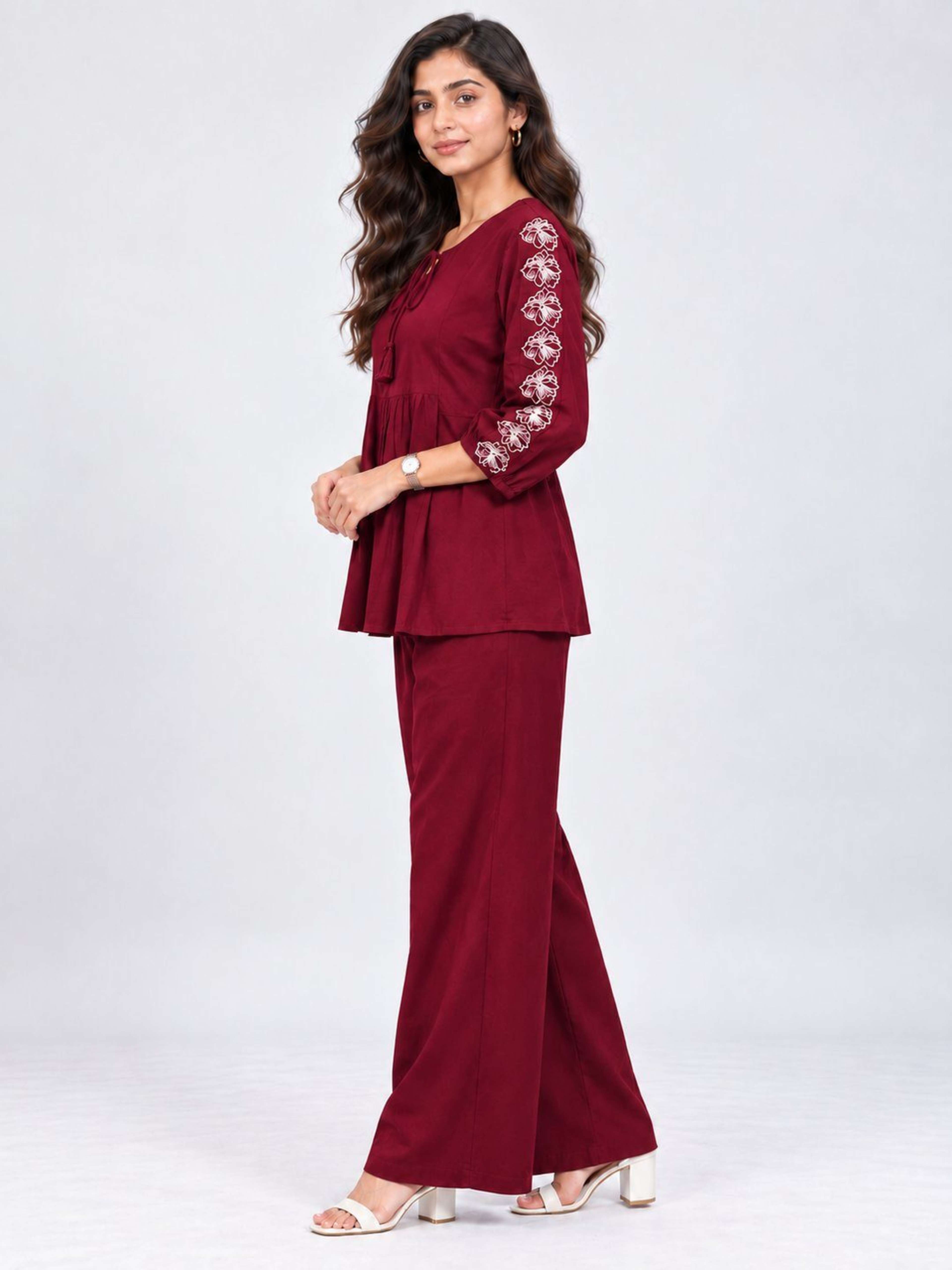 Maroon Embrodireed Co-ord Set | Co-ord with Round Neck With Tie Up & Tie-Up Sleeves 2