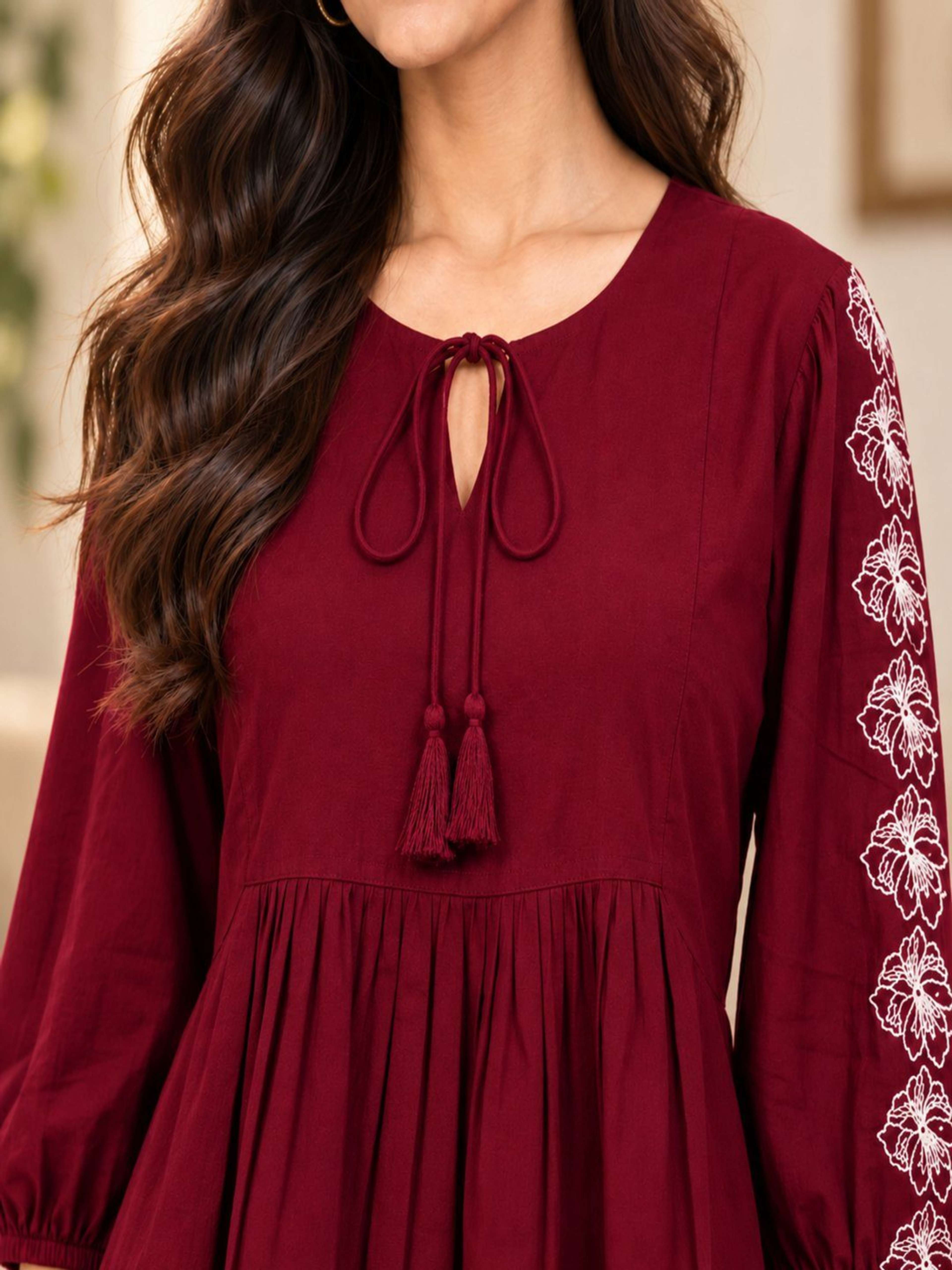 Maroon Embrodireed Co-ord Set | Co-ord with Round Neck With Tie Up & Tie-Up Sleeves 3