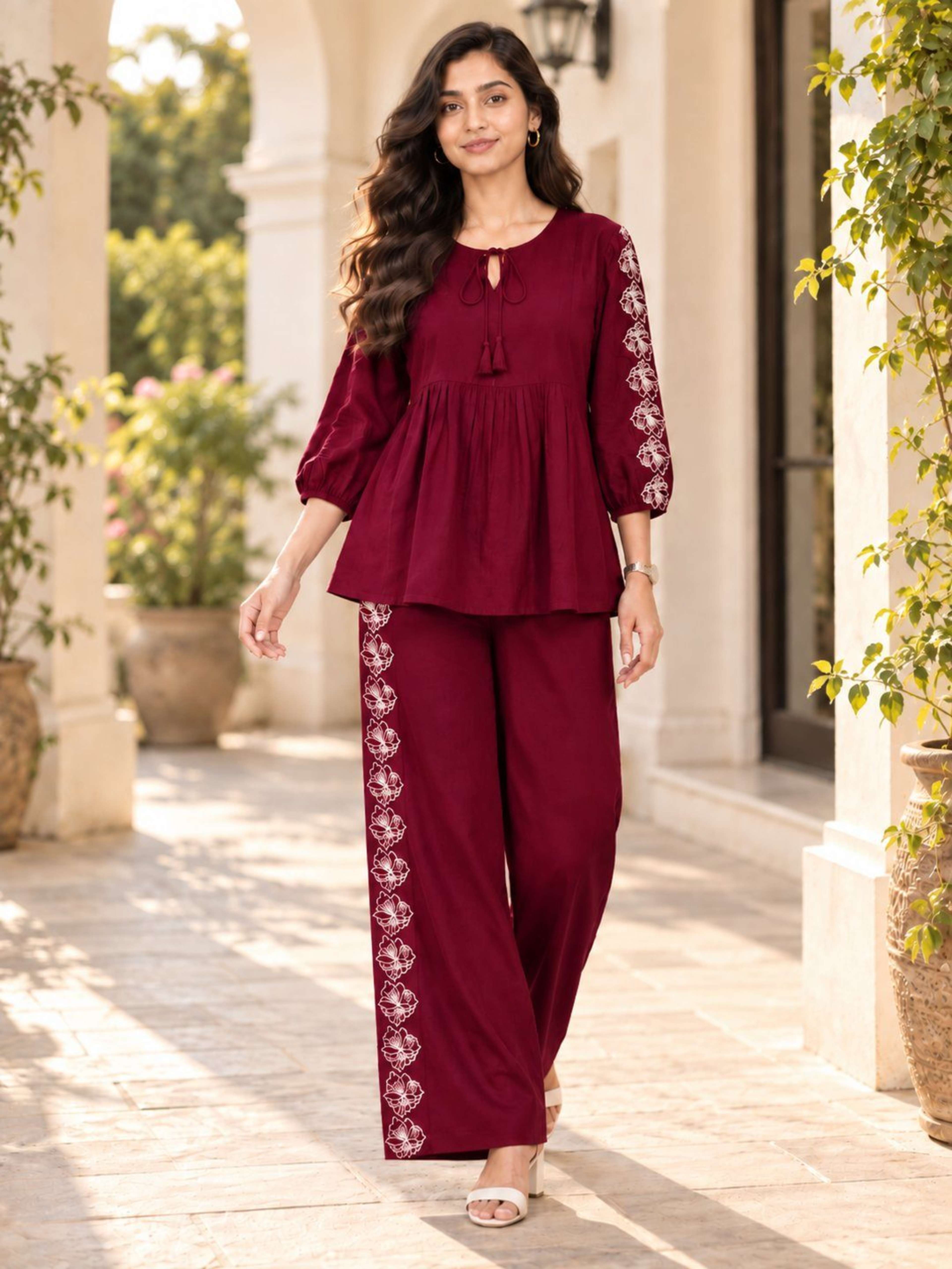 Maroon Embrodireed Co-ord Set | Co-ord with Round Neck With Tie Up & Tie-Up Sleeves 4
