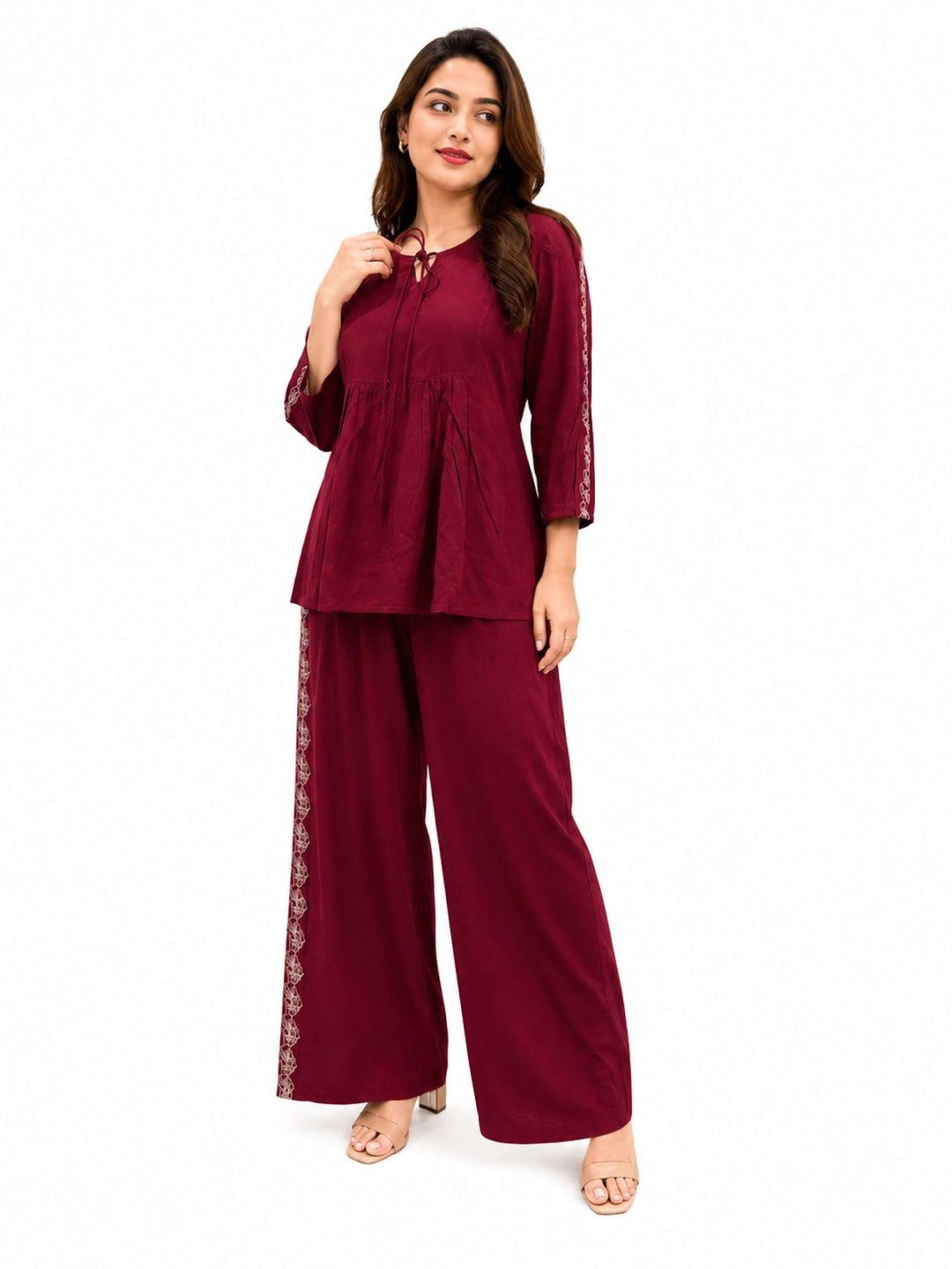Maroon Embrodireed Co-ord Set | Co-ord with Round Neck With Tie Up & Tie-Up Sleeves 1