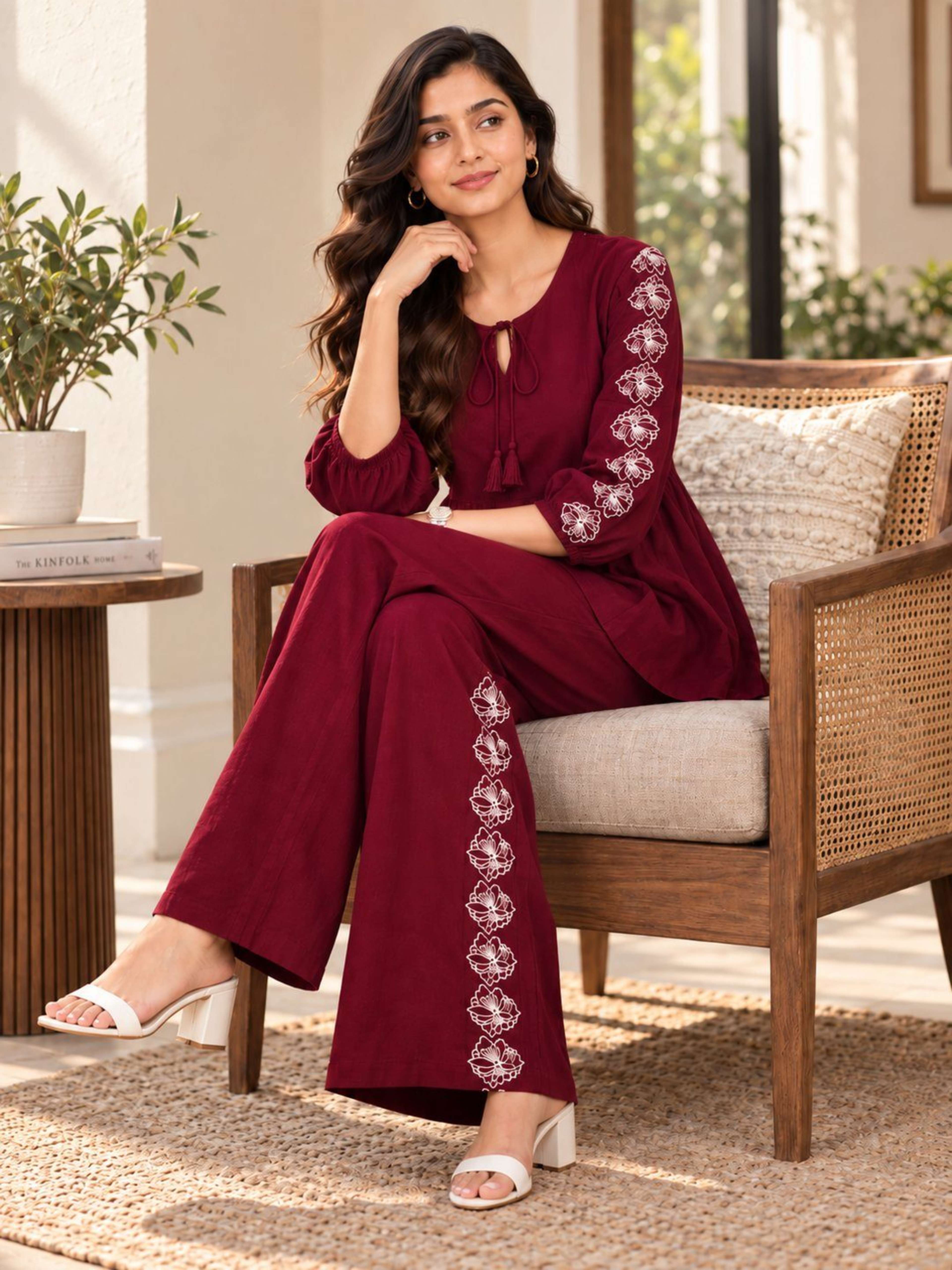 Maroon Embrodireed Co-ord Set | Co-ord with Round Neck With Tie Up & Tie-Up Sleeves 5