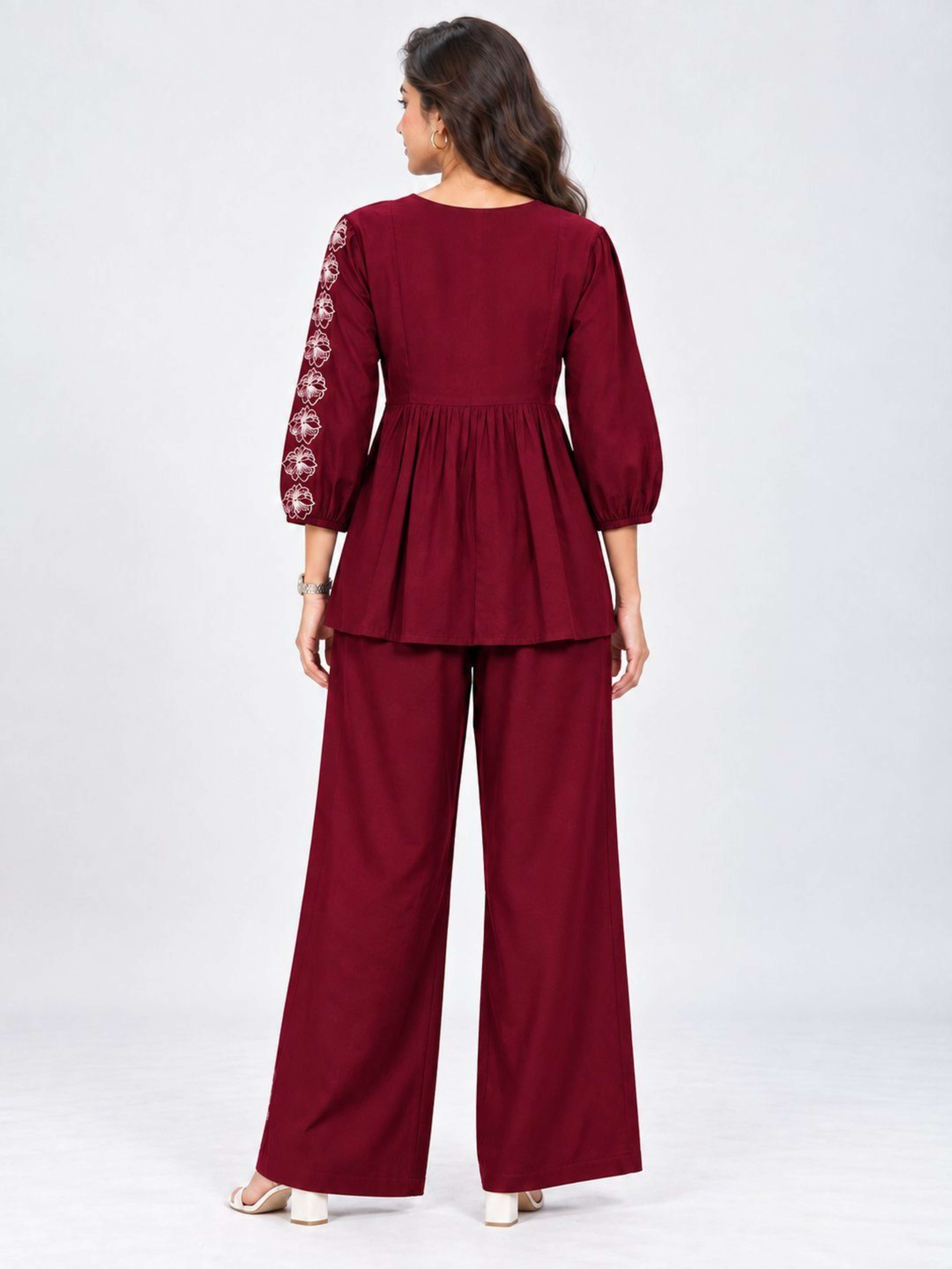 Maroon Embrodireed Co-ord Set | Co-ord with Round Neck With Tie Up & Tie-Up Sleeves 6