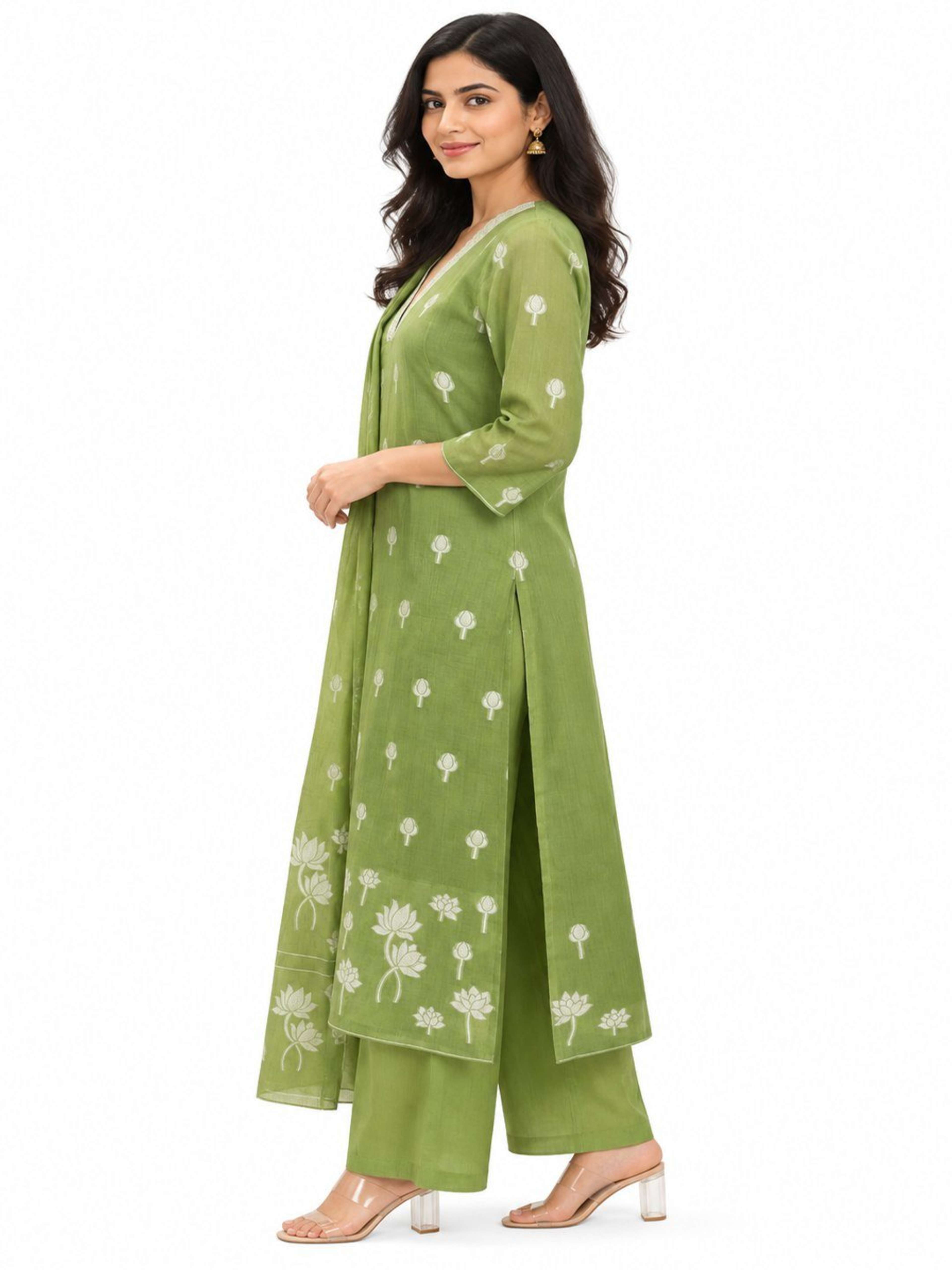 Olive Jamdani Weave Kurta Pant Set | Straight Fit Kurta with V Neck & 3/4 Sleeves 2