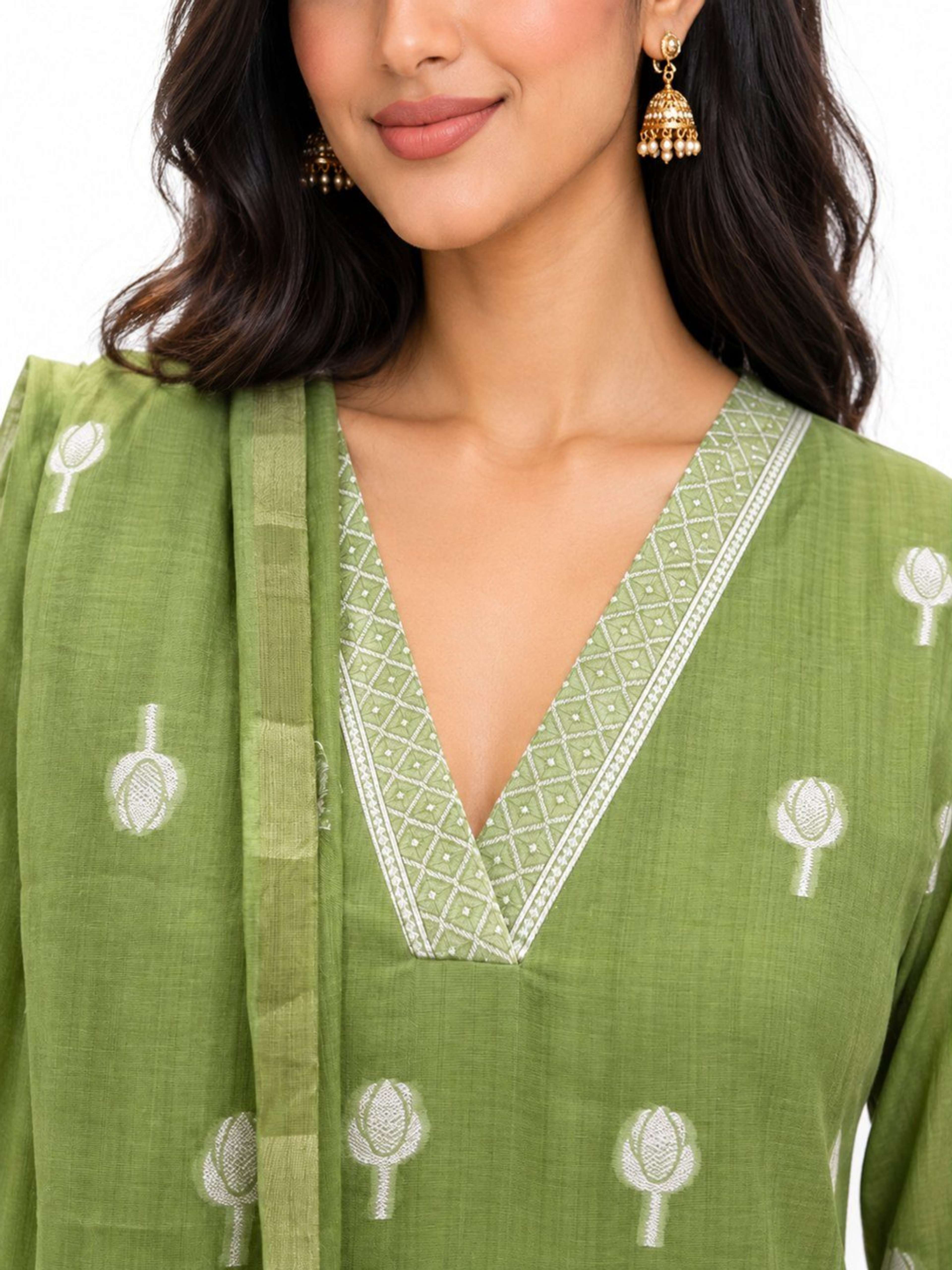 Olive Jamdani Weave Kurta Pant Set | Straight Fit Kurta with V Neck & 3/4 Sleeves 3