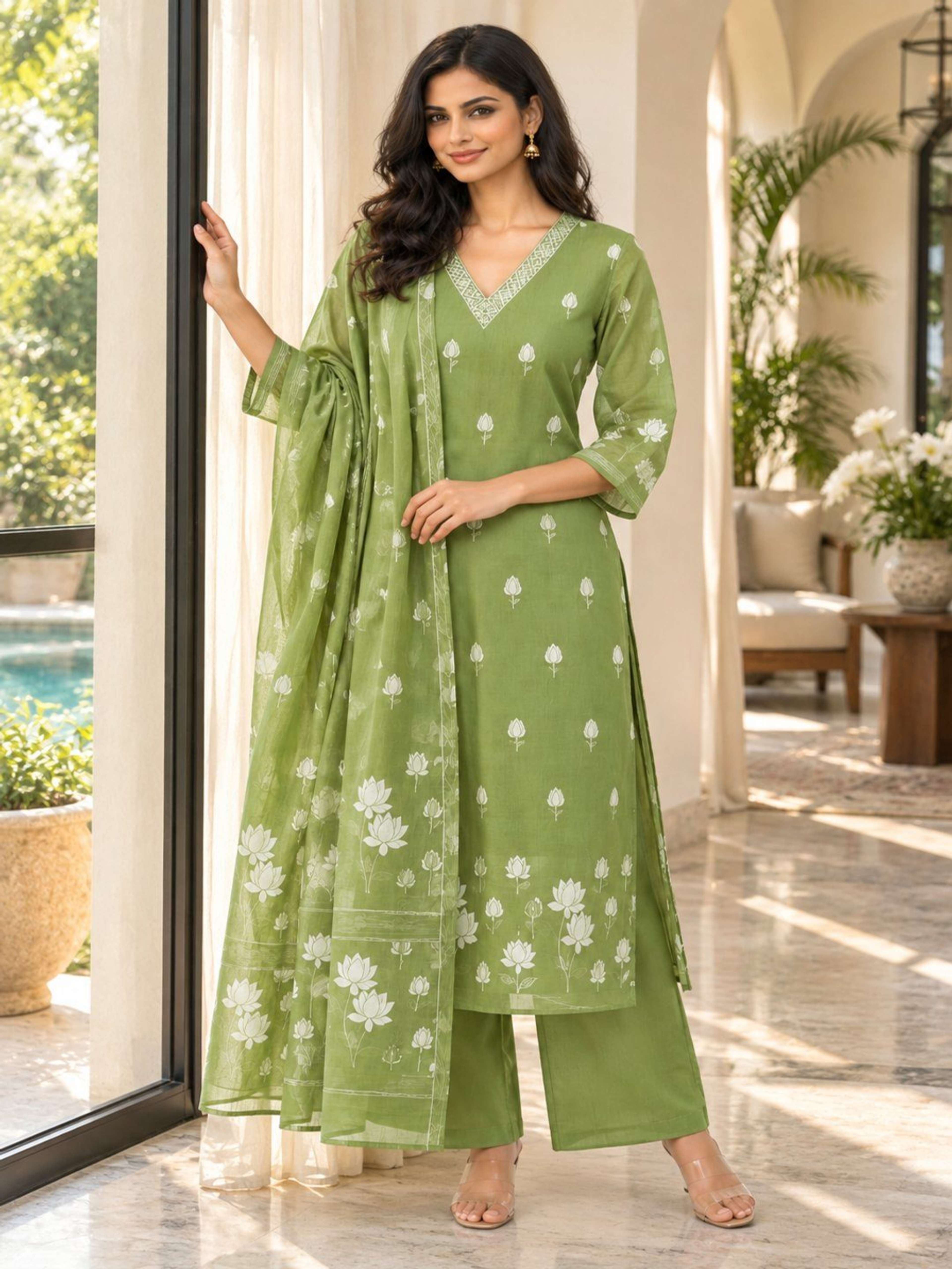 Olive Jamdani Weave Kurta Pant Set | Straight Fit Kurta with V Neck & 3/4 Sleeves 4
