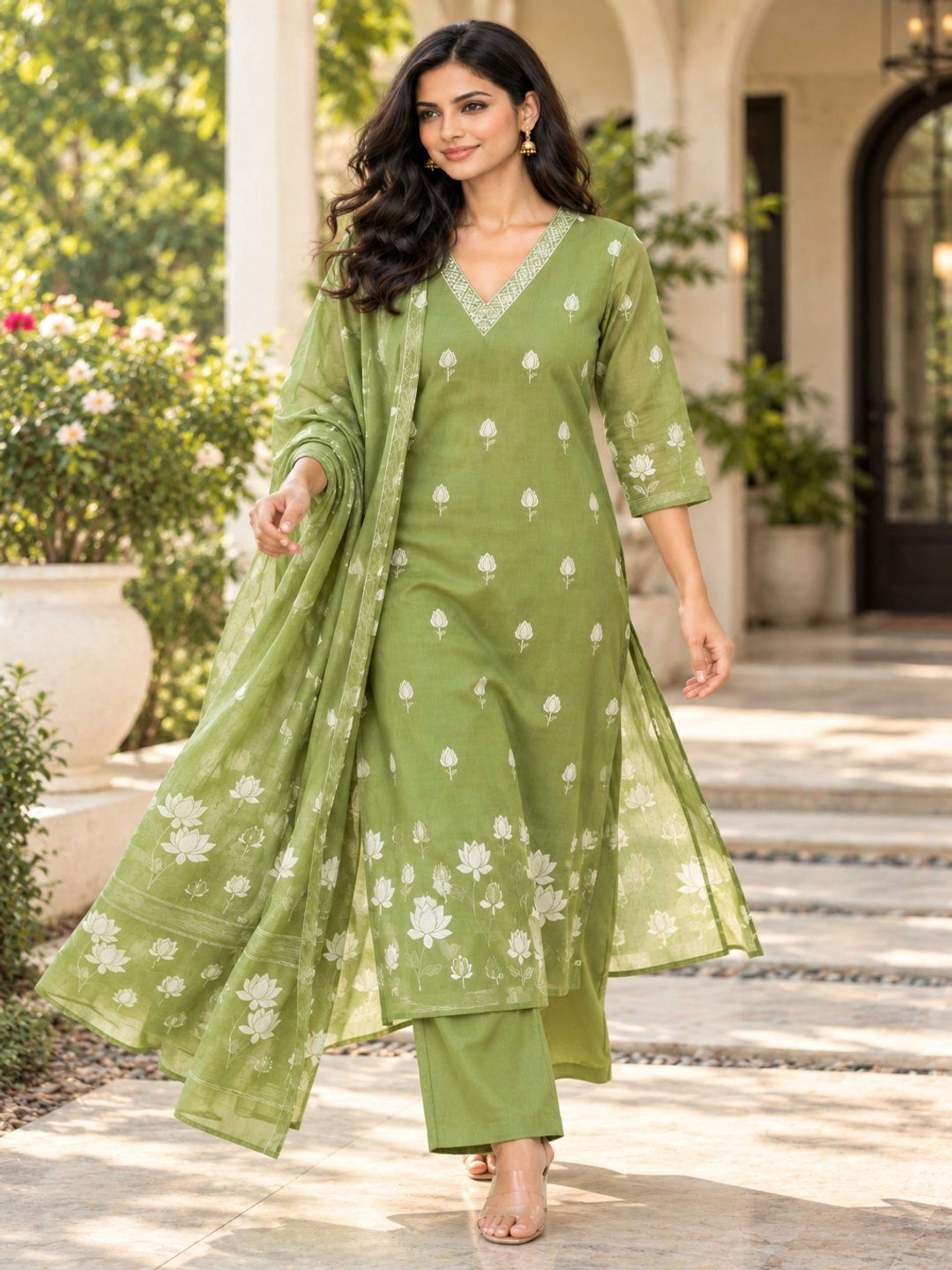 Olive Jamdani Weave Kurta Pant Set | Straight Fit Kurta with V Neck & 3/4 Sleeves 5