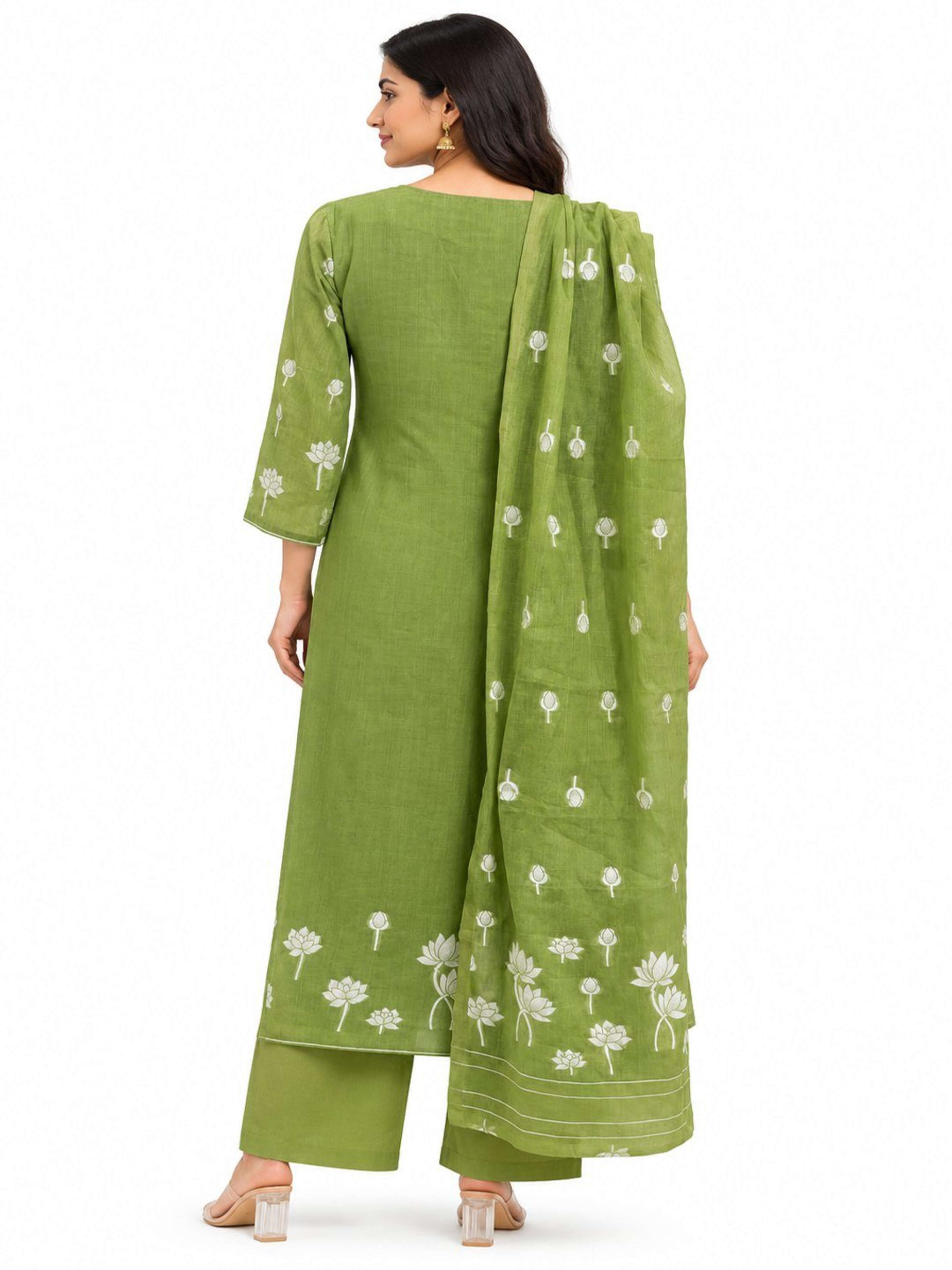 Olive Jamdani Weave Kurta Pant Set | Straight Fit Kurta with V Neck & 3/4 Sleeves 6