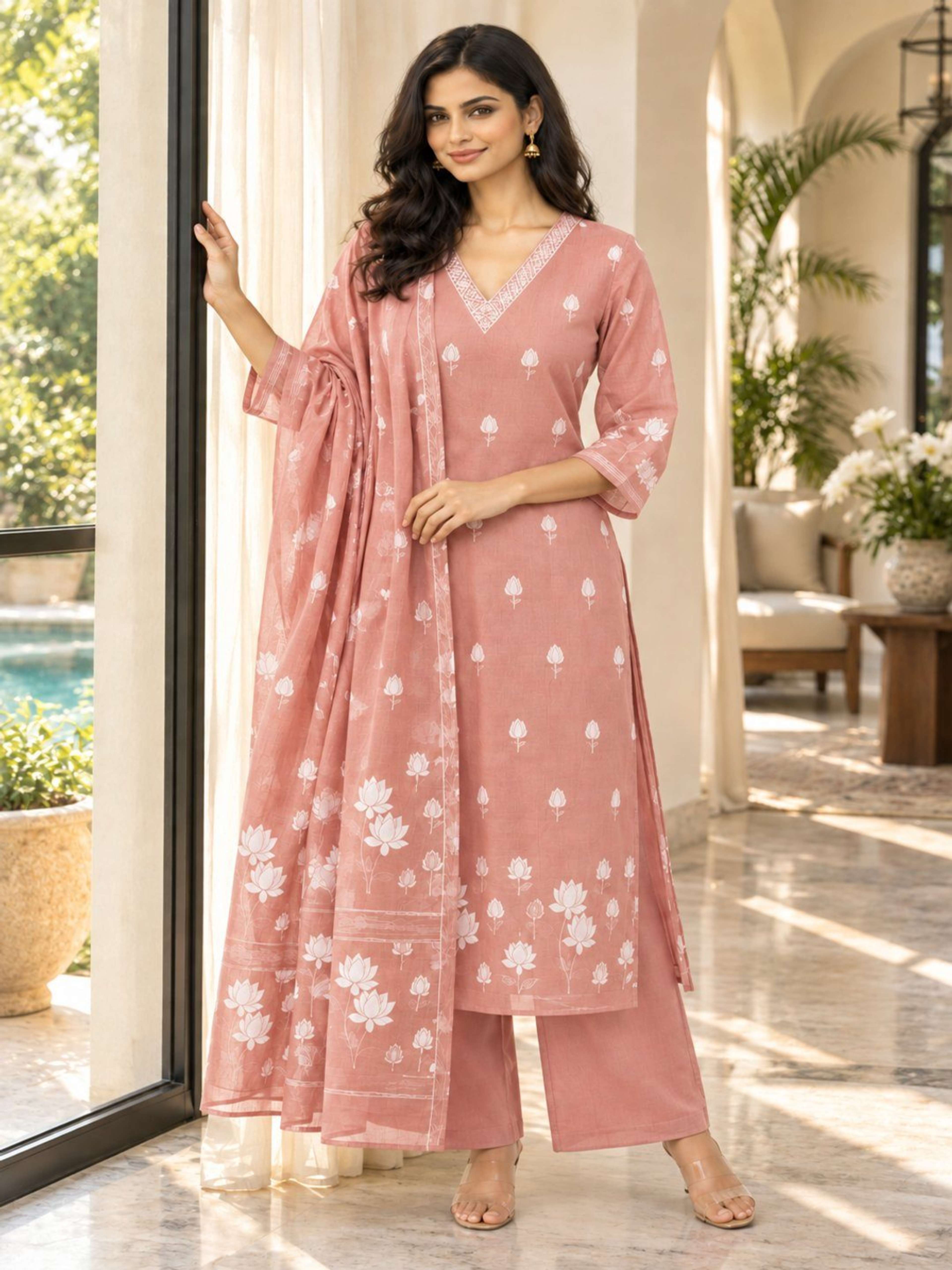 Dusty Rose Pink Jamdani Weave Kurta Pant Set | Straight Fit Kurta with V Neck & 3/4 Sleeves 1
