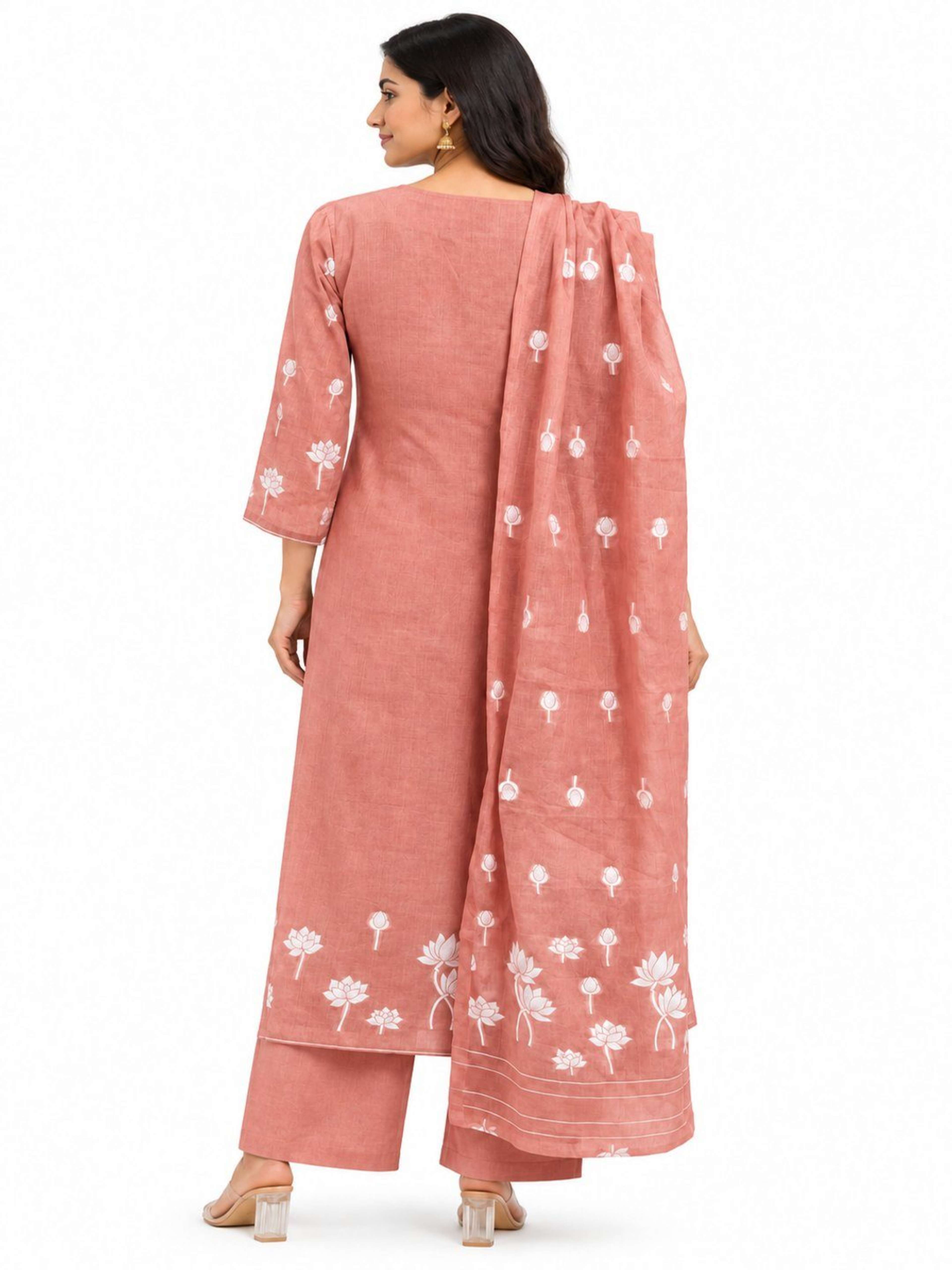 Dusty Rose Pink Jamdani Weave Kurta Pant Set | Straight Fit Kurta with V Neck & 3/4 Sleeves 2