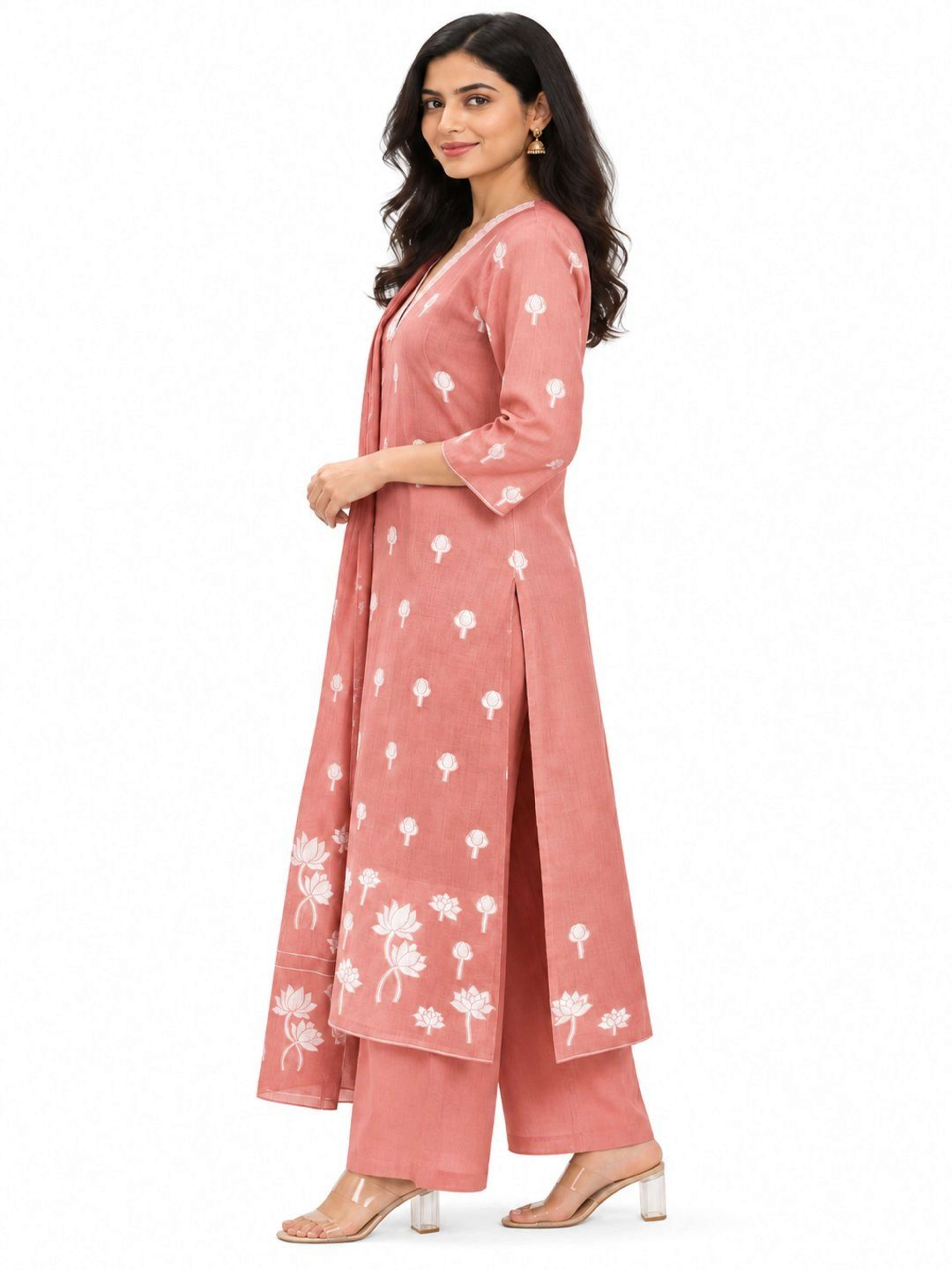 Dusty Rose Pink Jamdani Weave Kurta Pant Set | Straight Fit Kurta with V Neck & 3/4 Sleeves 3
