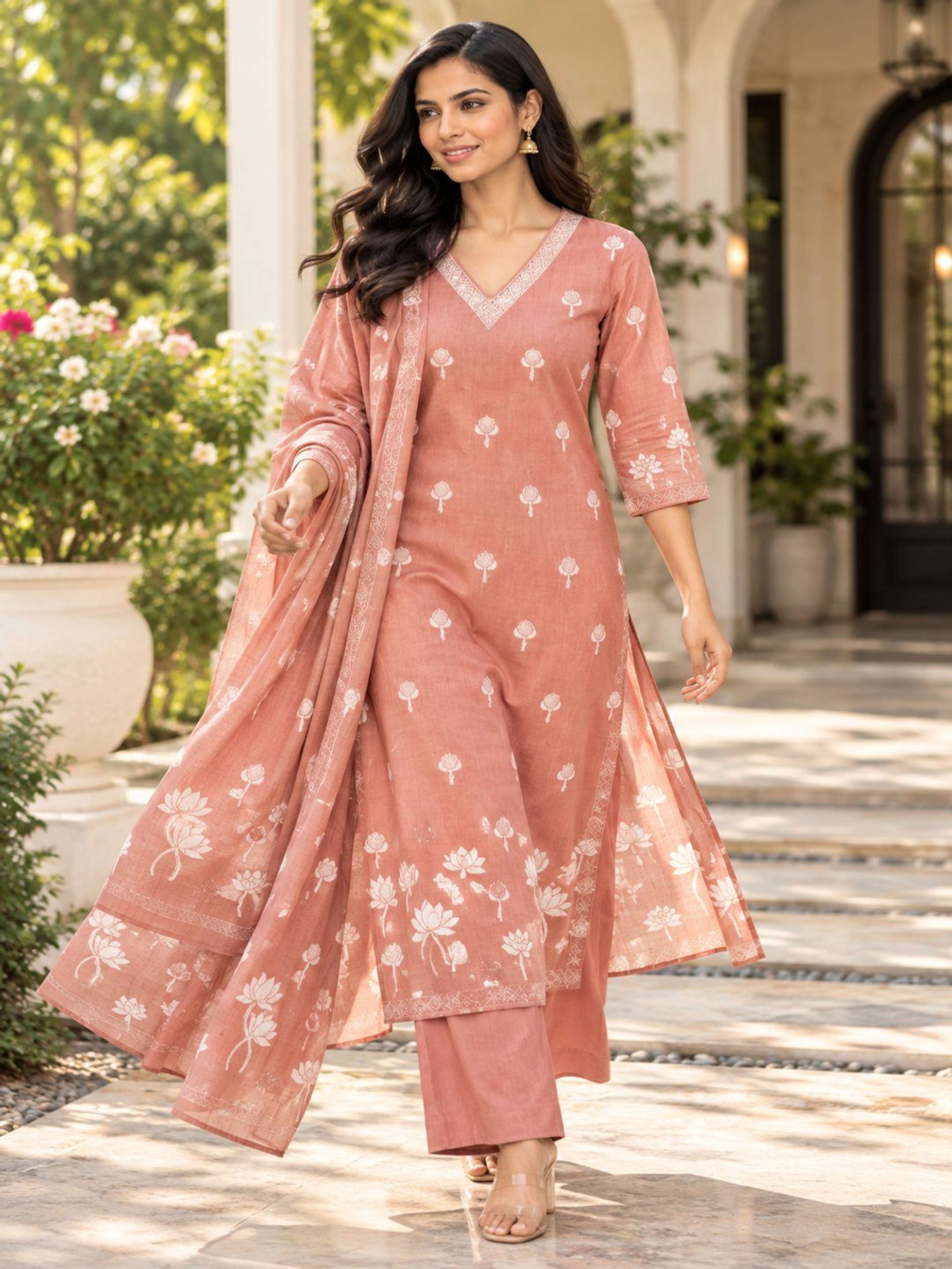 Dusty Rose Pink Jamdani Weave Kurta Pant Set | Straight Fit Kurta with V Neck & 3/4 Sleeves 4
