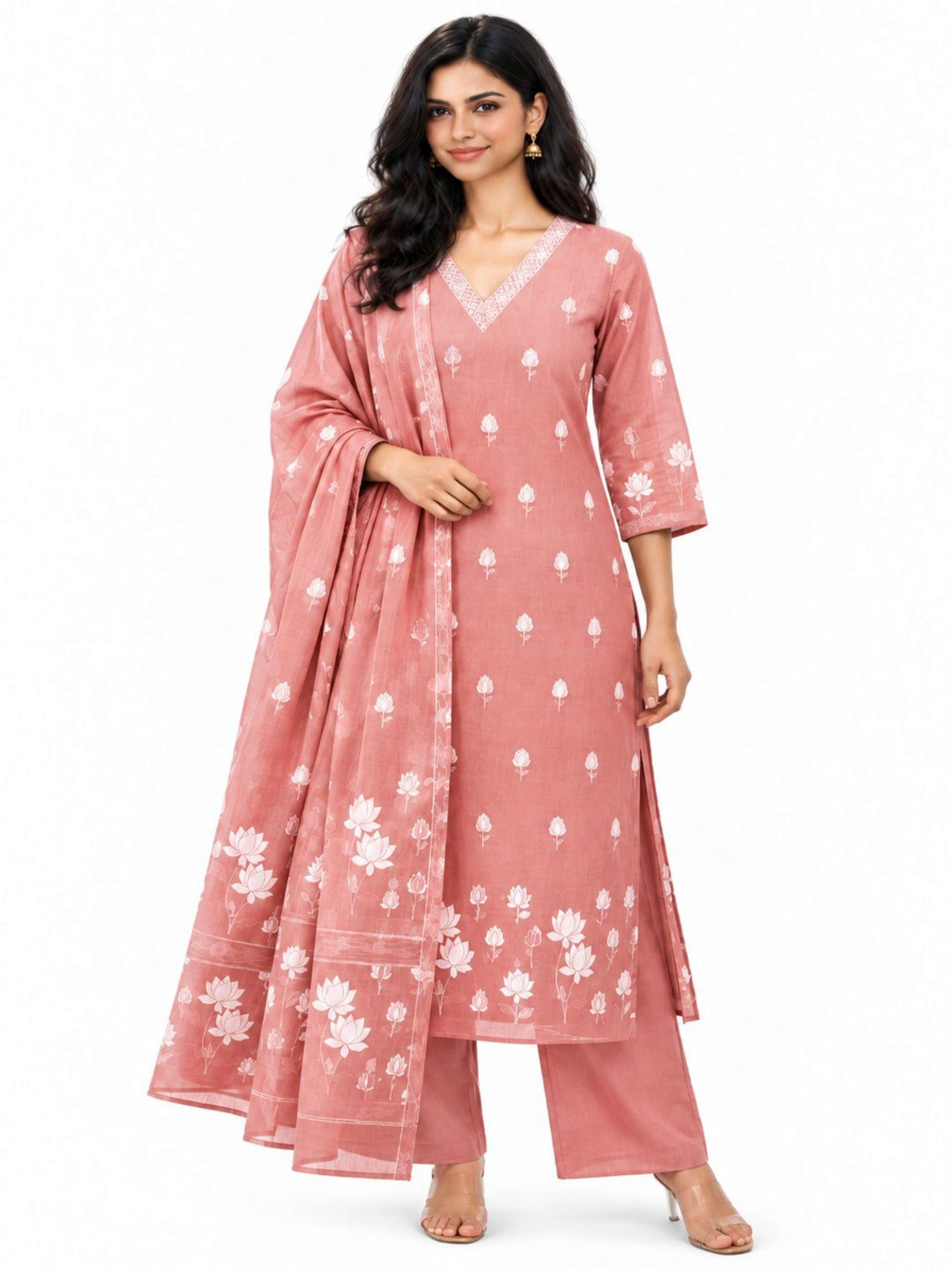 Dusty Rose Pink Jamdani Weave Kurta Pant Set | Straight Fit Kurta with V Neck & 3/4 Sleeves 5