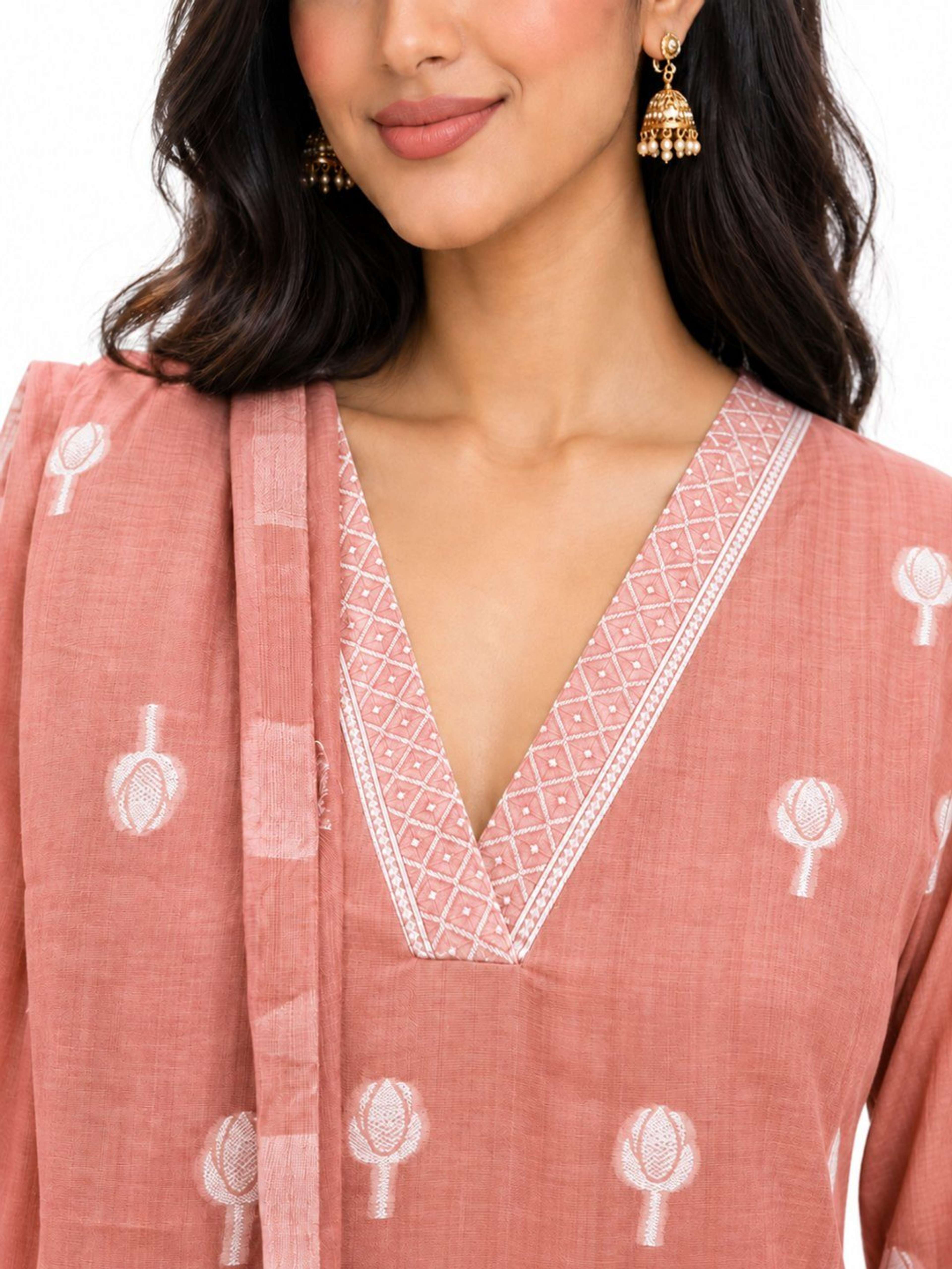 Dusty Rose Pink Jamdani Weave Kurta Pant Set | Straight Fit Kurta with V Neck & 3/4 Sleeves 6