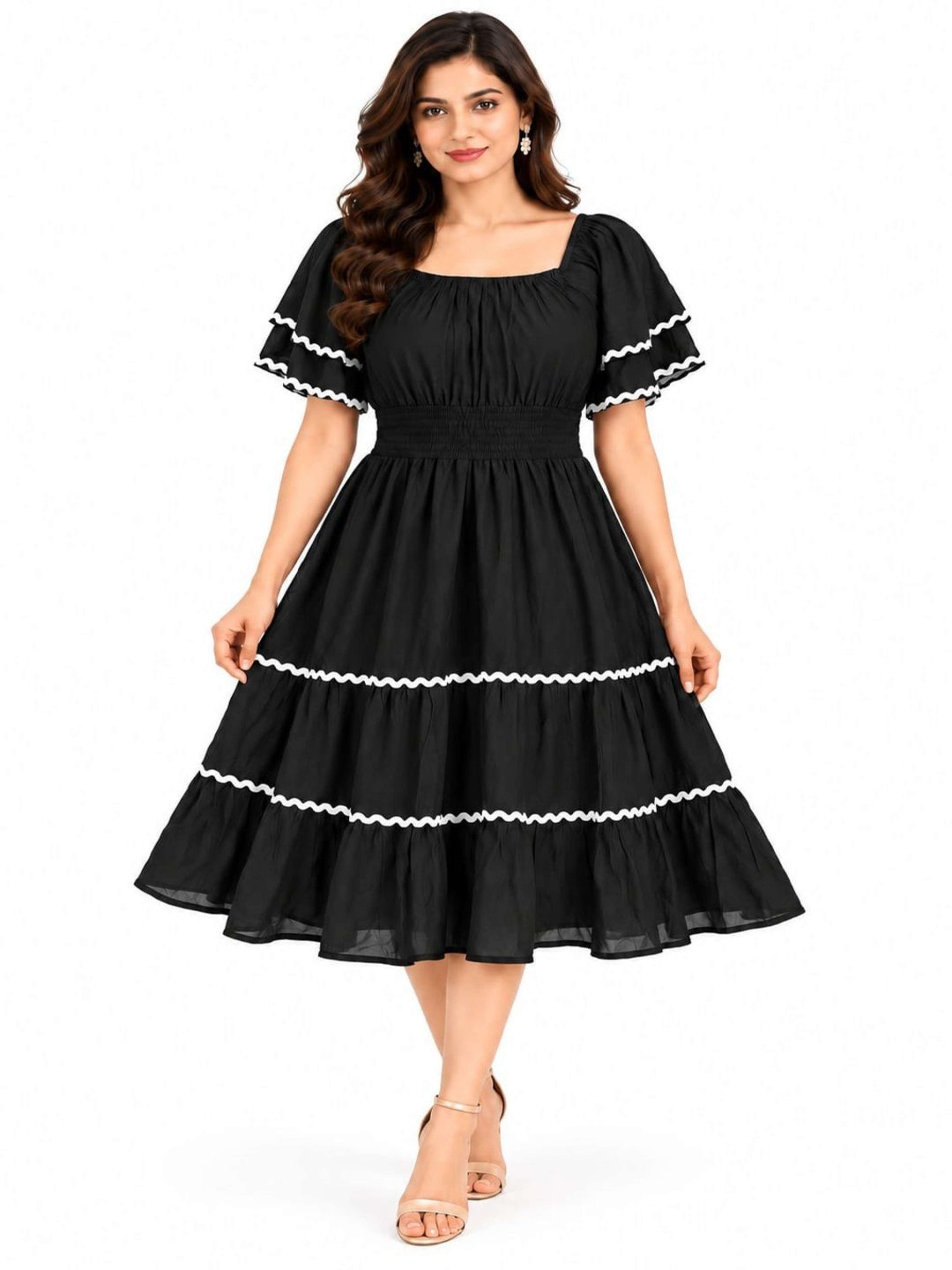 Black Solid Midi Dress | Square Neck | Flutter Sleeve | Casual Midi-Length Dress with Smocked Waist 1