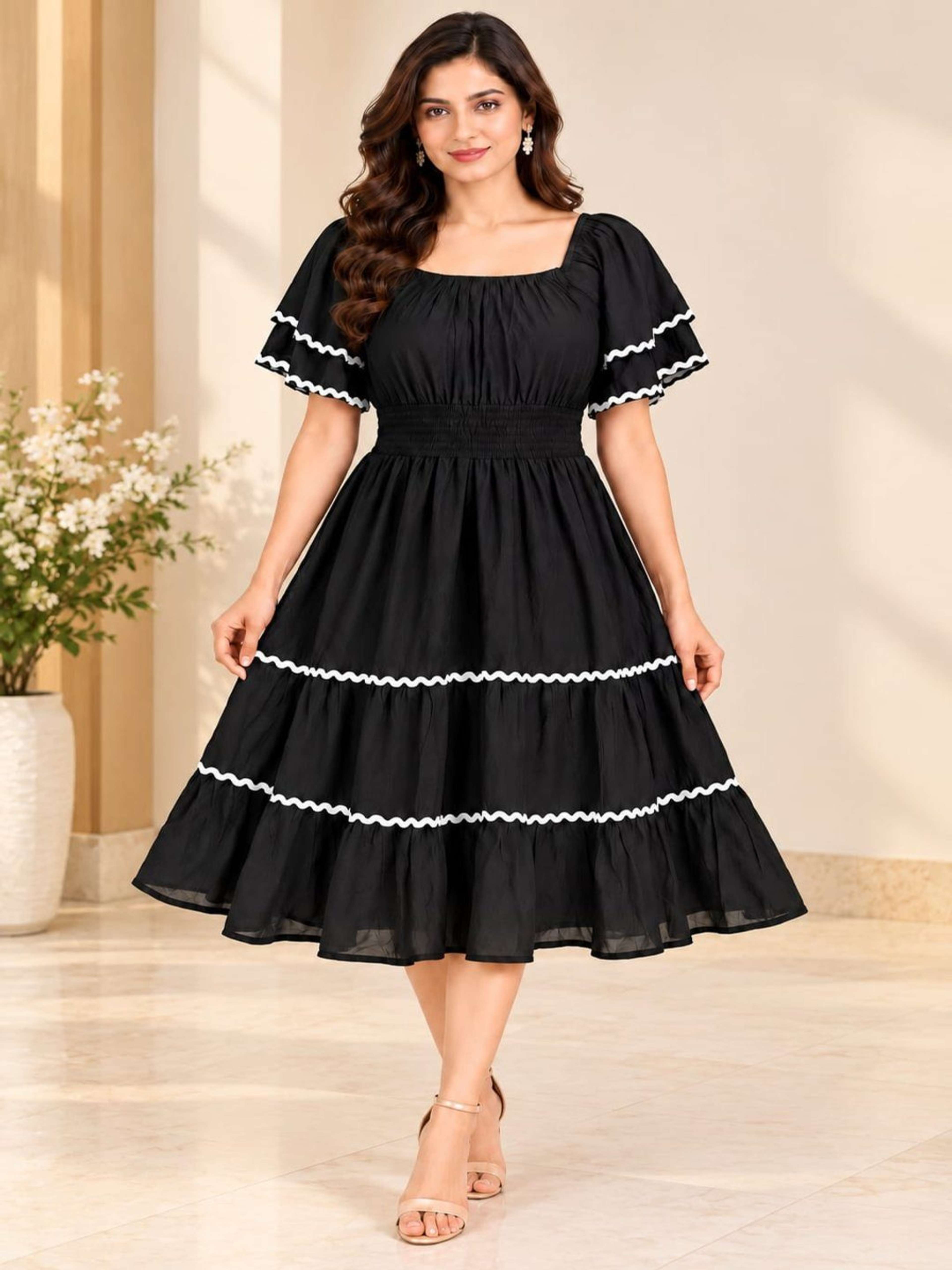 Black Solid Midi Dress | Square Neck | Flutter Sleeve | Casual Midi-Length Dress with Smocked Waist 3