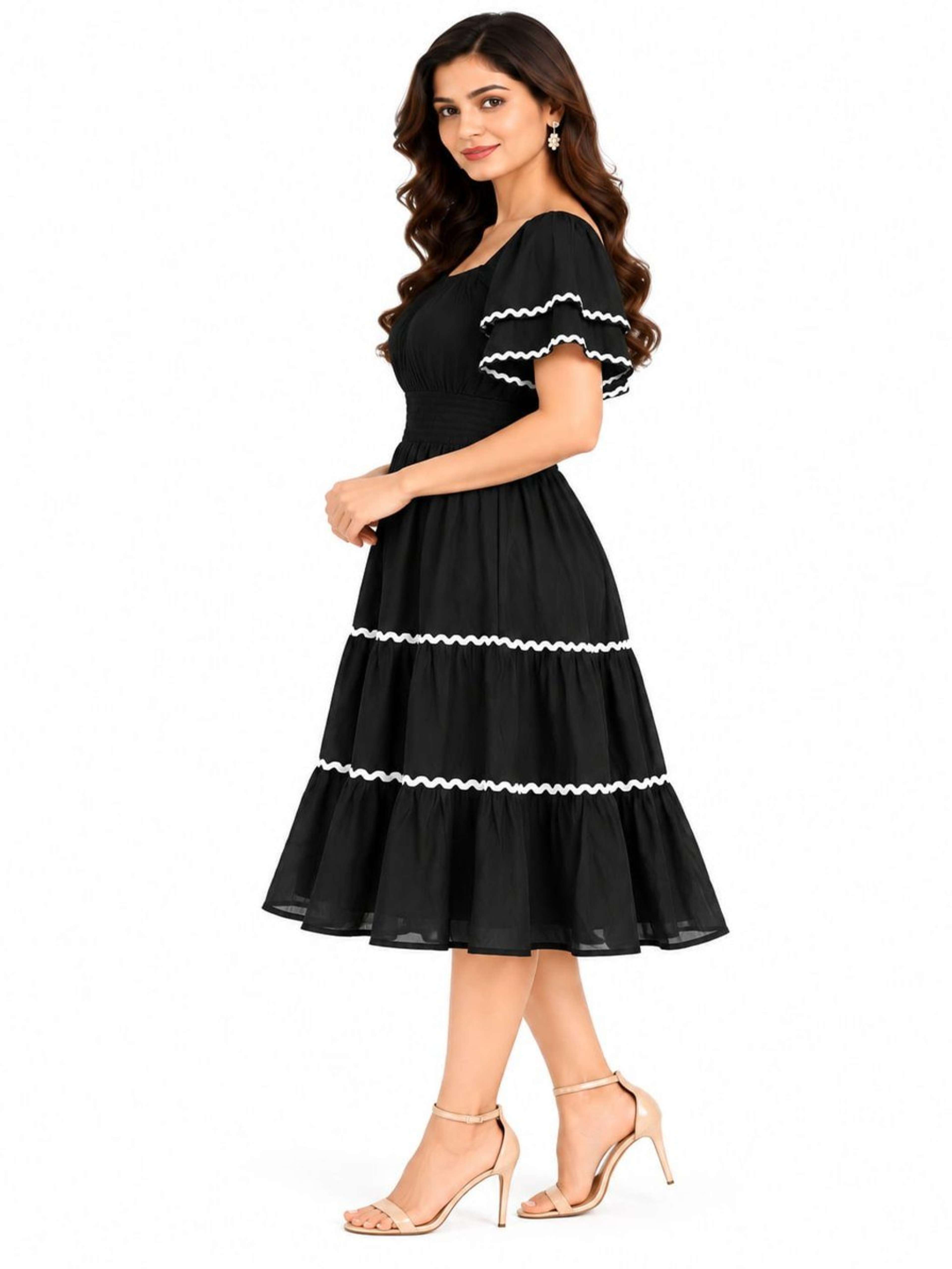 Black Solid Midi Dress | Square Neck | Flutter Sleeve | Casual Midi-Length Dress with Smocked Waist 4
