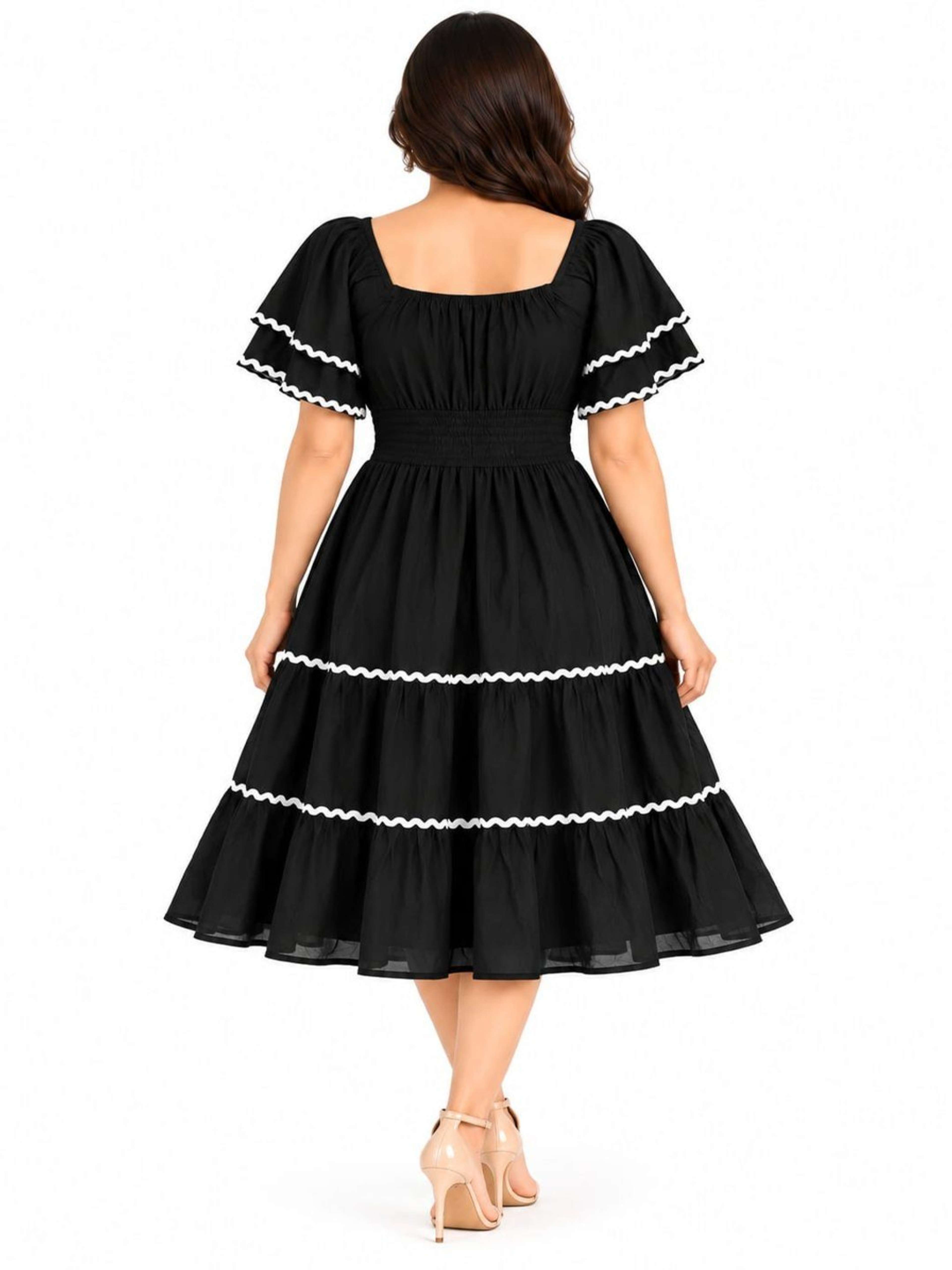 Black Solid Midi Dress | Square Neck | Flutter Sleeve | Casual Midi-Length Dress with Smocked Waist 5