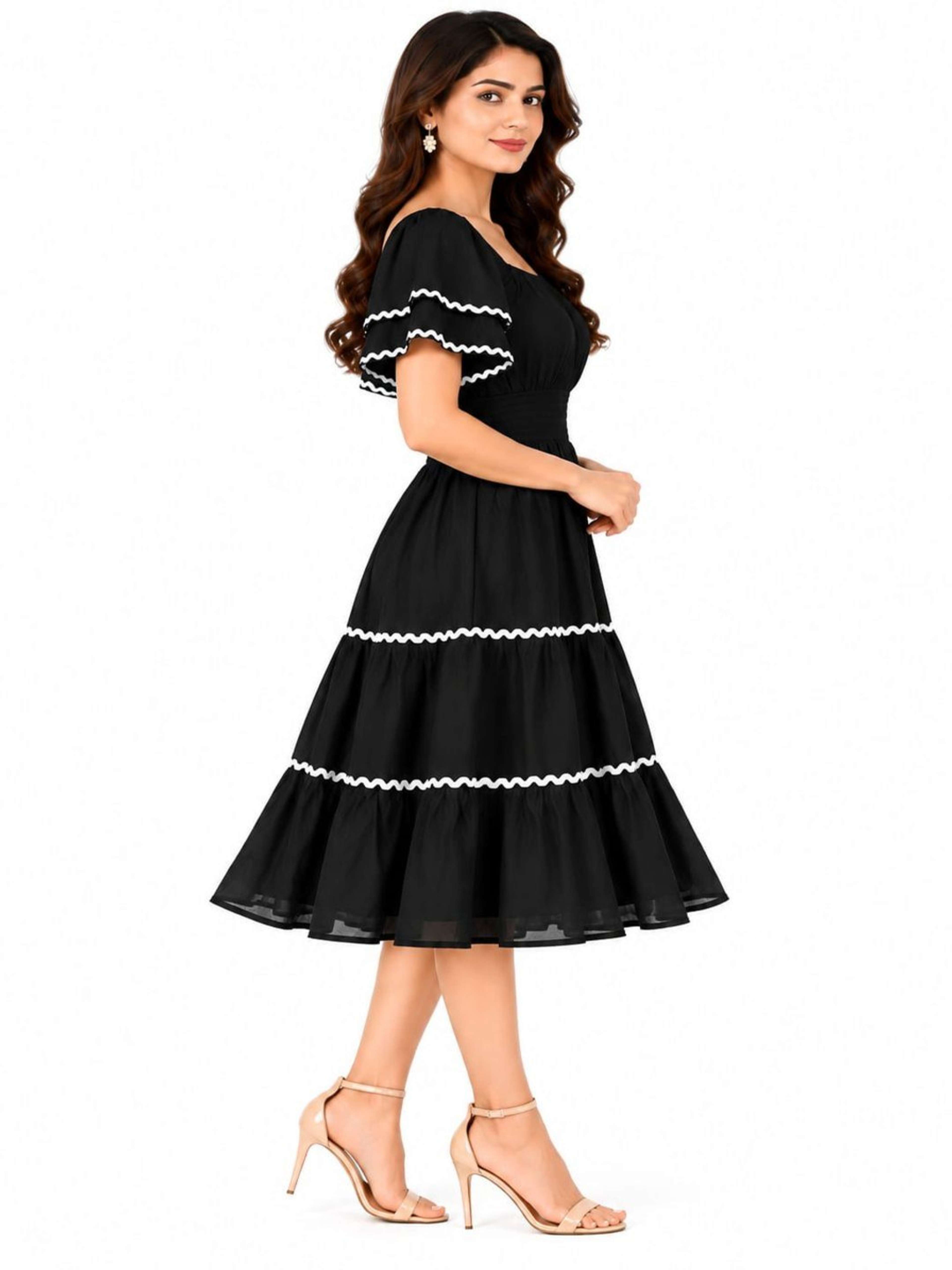 Black Solid Midi Dress | Square Neck | Flutter Sleeve | Casual Midi-Length Dress with Smocked Waist 6